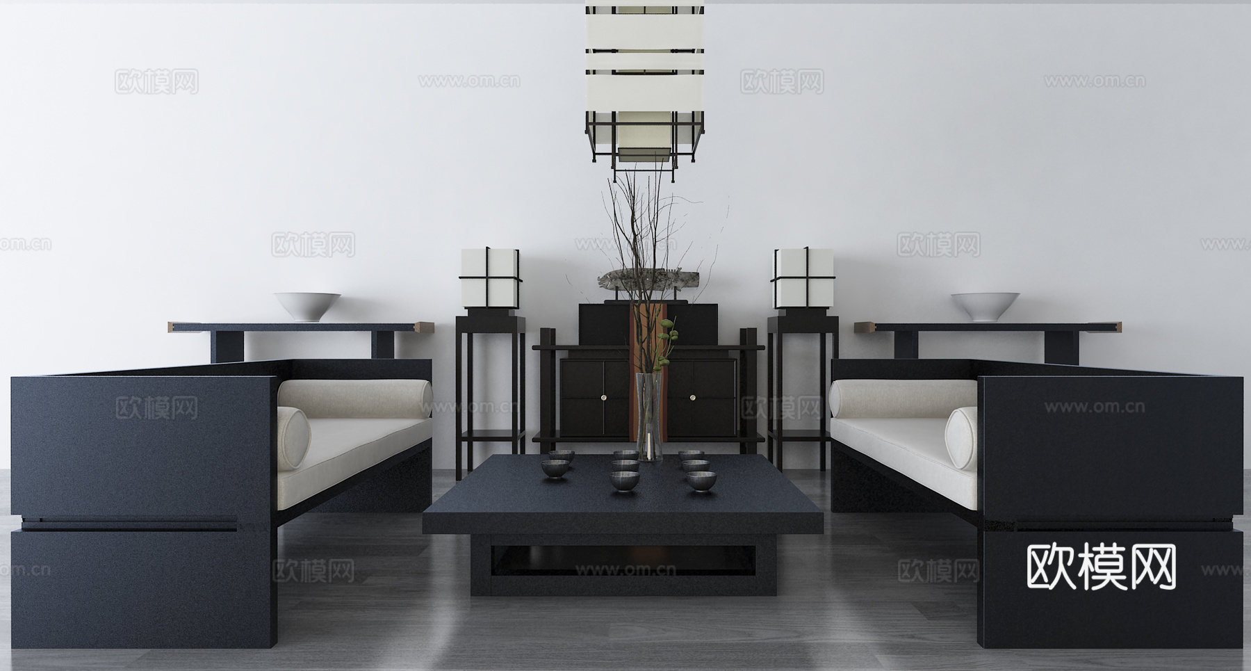 新中式沙发边柜吊灯3d模型下载