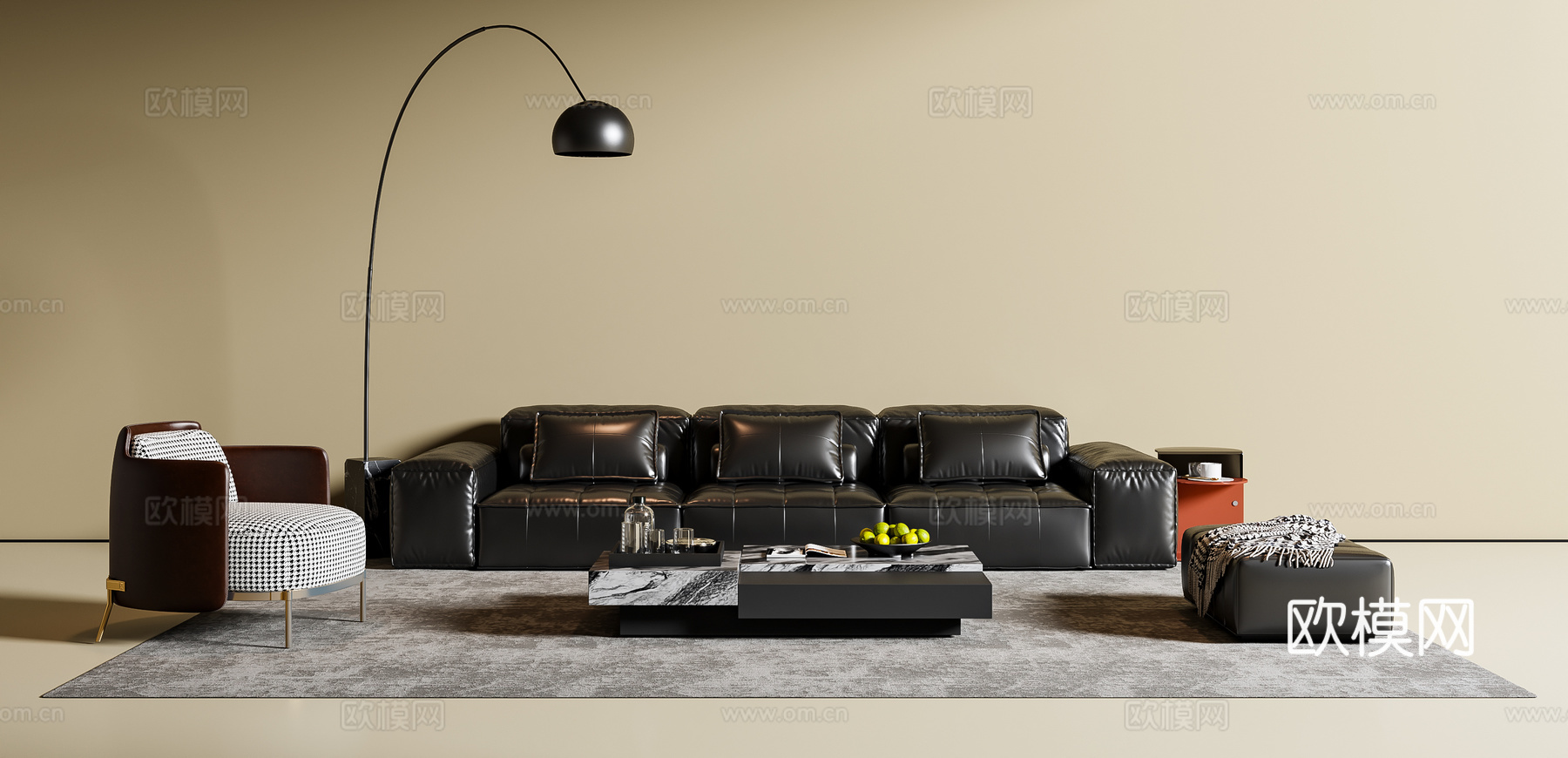 现代意式沙发茶几组合 三人沙发 休闲沙发 落地灯 地毯su模型