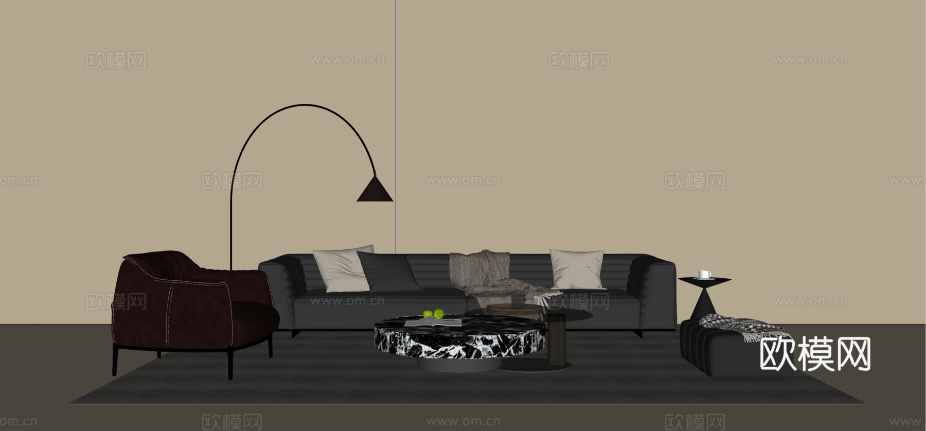 现代意式沙发茶几组合 多人沙发 懒人沙发 落地灯 地毯su模型