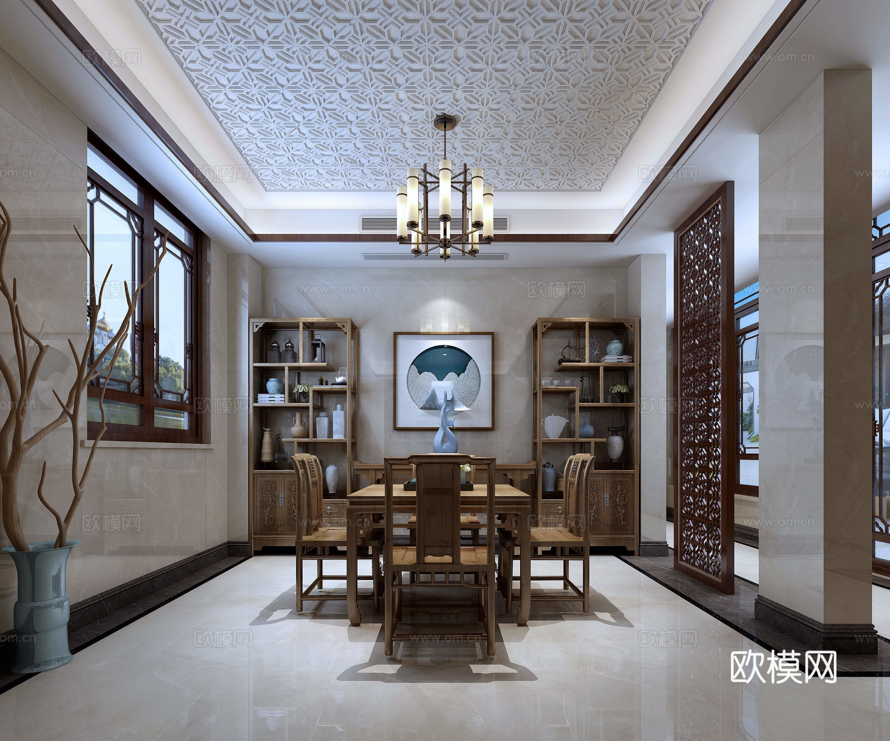 中式休闲区桌椅吊灯博古架3d模型下载