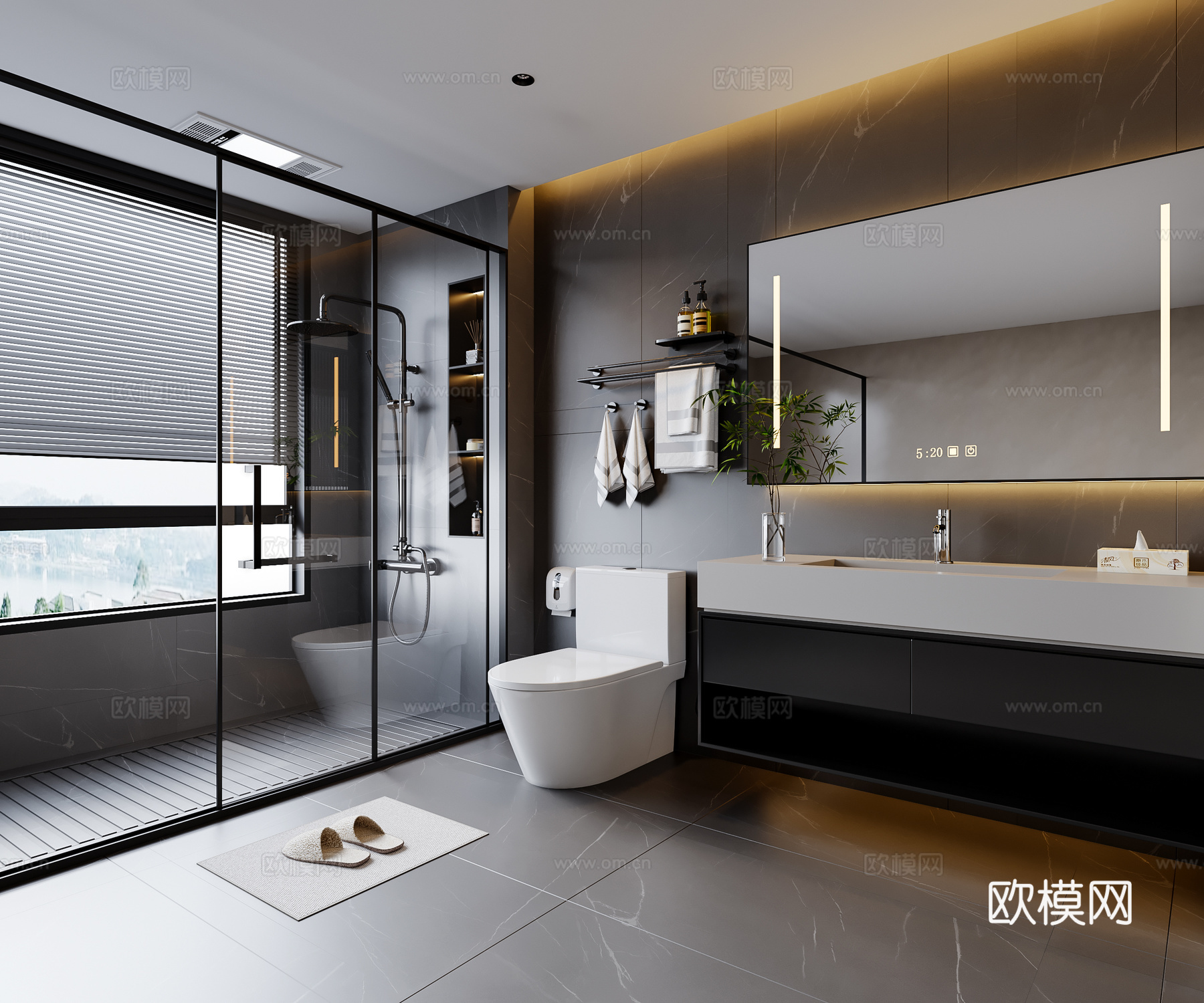 现代高级灰卫生间 浴室柜 马桶 花洒 淋浴门3d模型下载