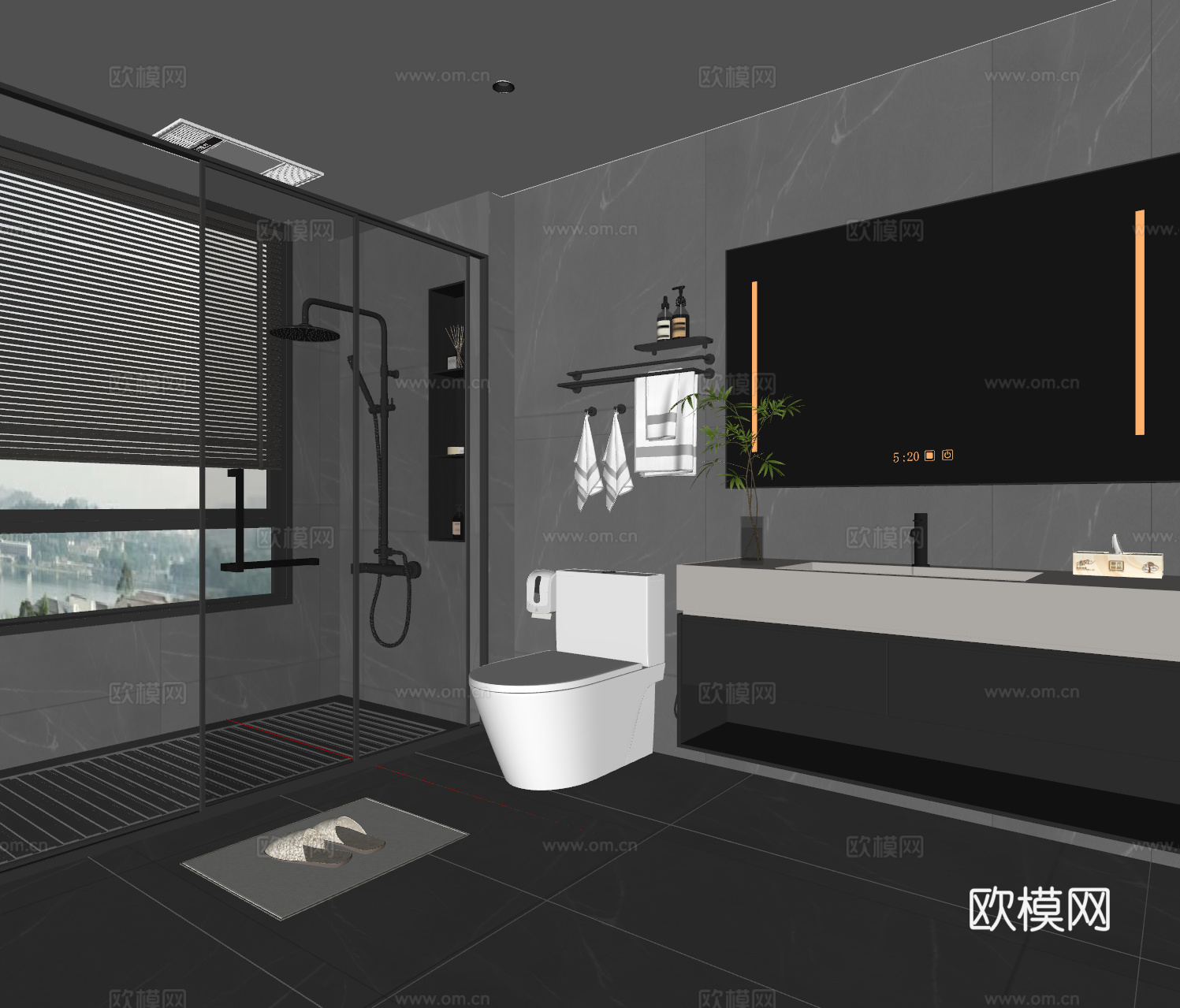 现代高级灰卫生间 浴室柜 马桶 花洒 淋浴门su模型