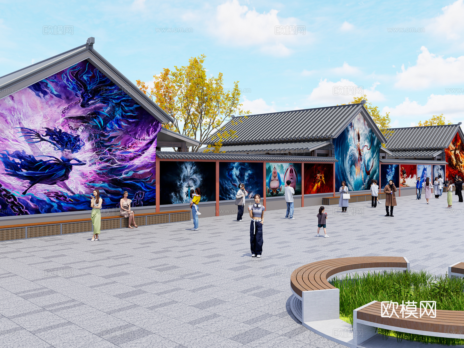 现代街道墙体彩绘 哪吒魔童闹海墙绘 网红打卡墙 墙绘墙画su模型