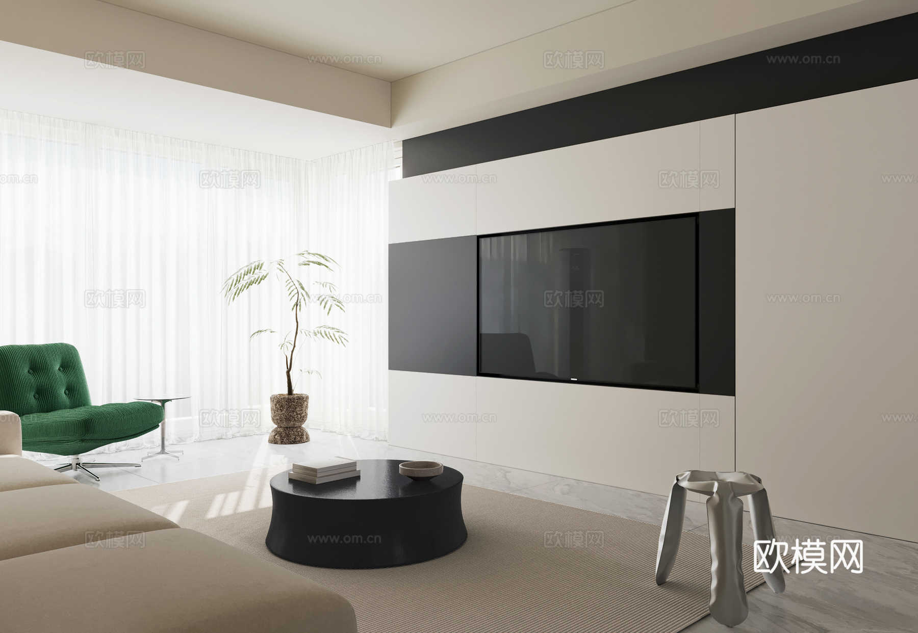 现代奶油风客餐厅 岛台餐厅 奶油风客餐厅3d模型下载（渲染图3）