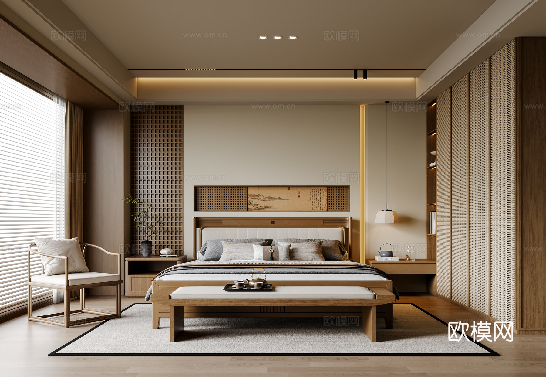 新中式宋式风卧室 实木双人床 床头柜 吊灯 休闲椅 地毯su模型