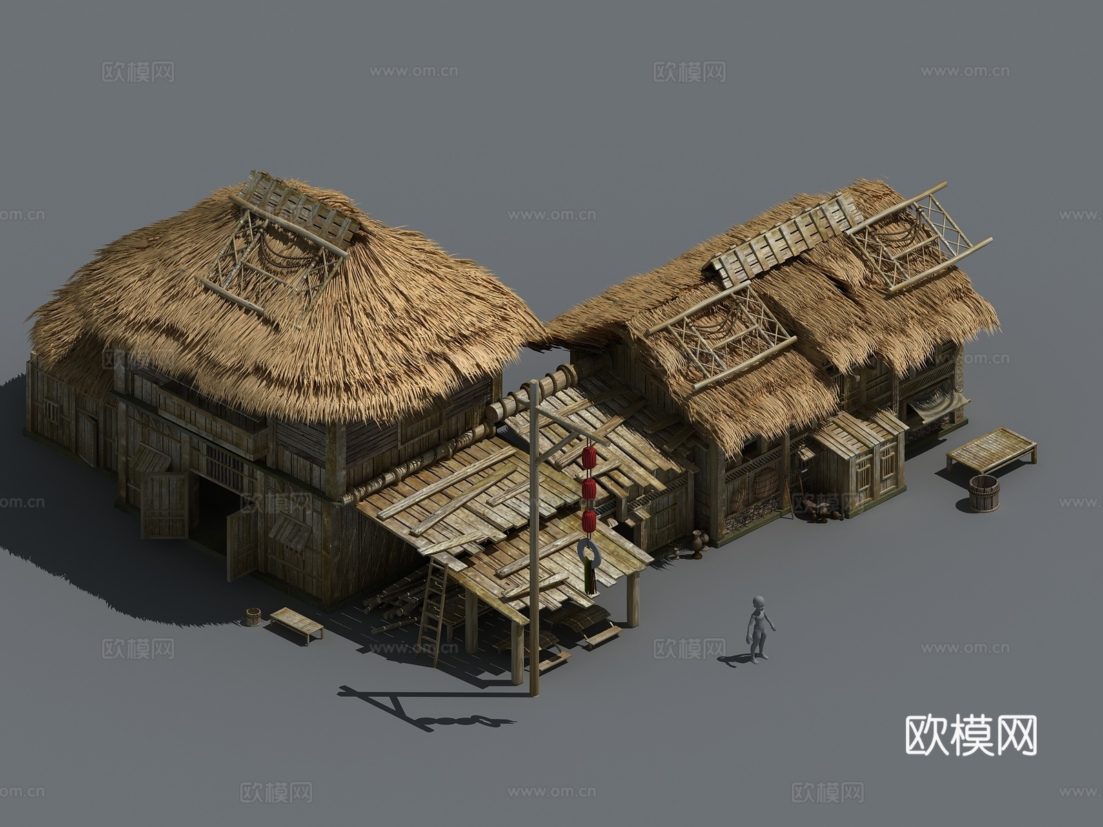 中式古建 茅草屋 稻草屋 农具 木梯 灯笼 农具3d模型下载