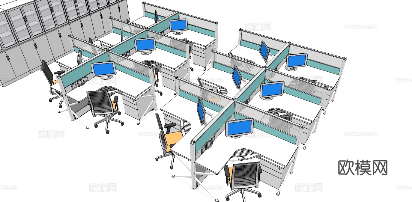 办公工位 文件柜 办公家具 工位 办公室 屏风工位su模型