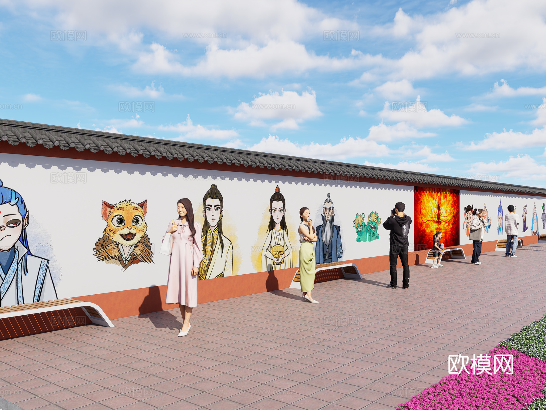 现代街道墙体彩绘 哪吒魔童闹海墙绘 网红打卡墙 墙绘墙画3d模型下载（渲染图1）