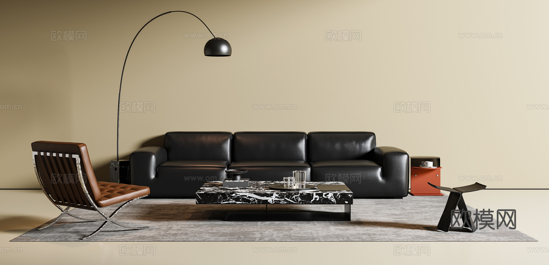 现代意式沙发茶几组合 三人沙发 休闲椅 落地灯 地毯su模型