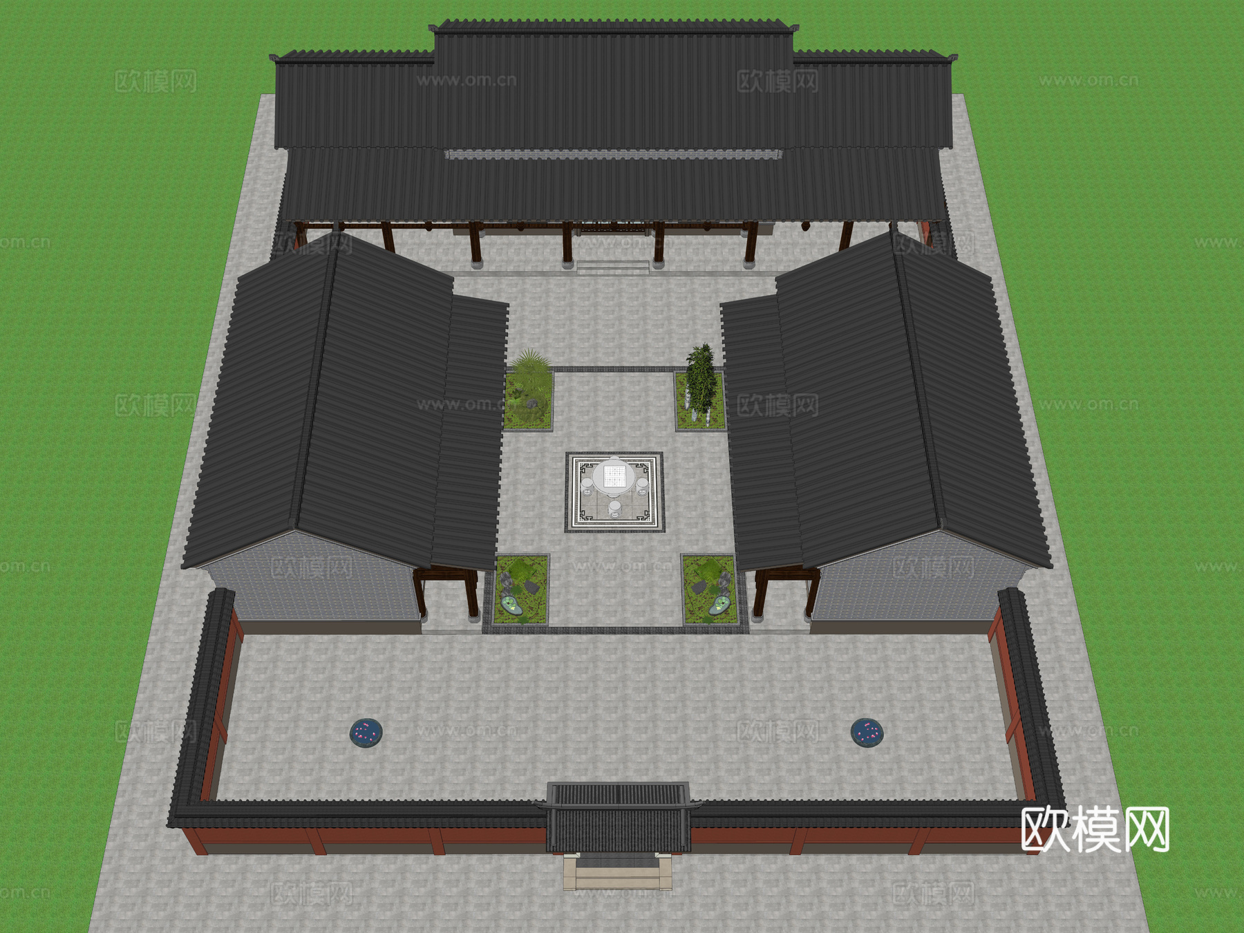 中式四合院 中式一层四合院 四合院庭院景观 四合院外观3d模型下载（渲染图4）
