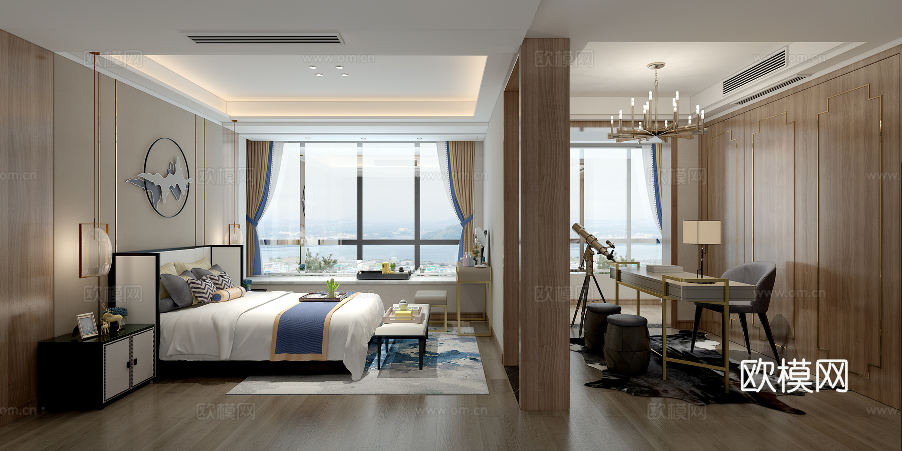 新中式卧室 床 书桌 吊灯 装饰品3d模型下载