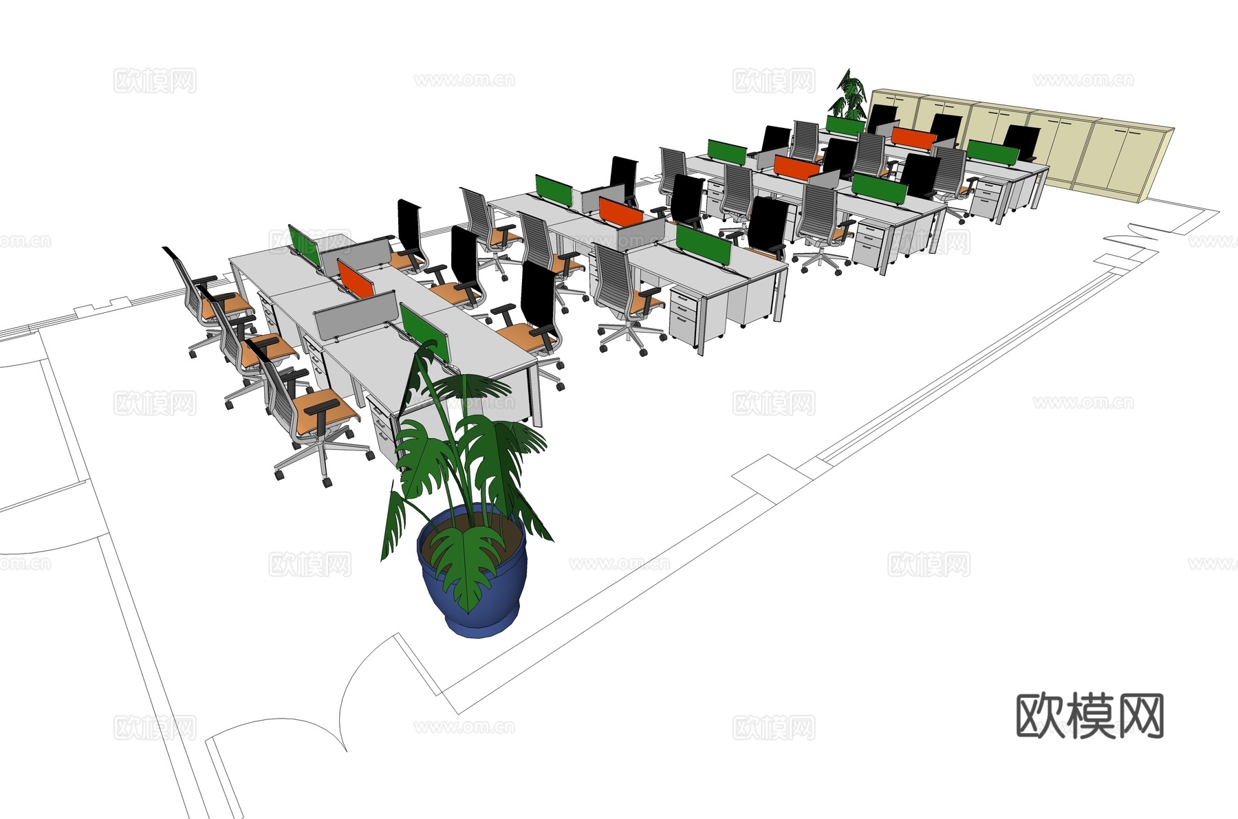 办公工位 文件柜 办公家具 工位 办公室 屏风工位su模型