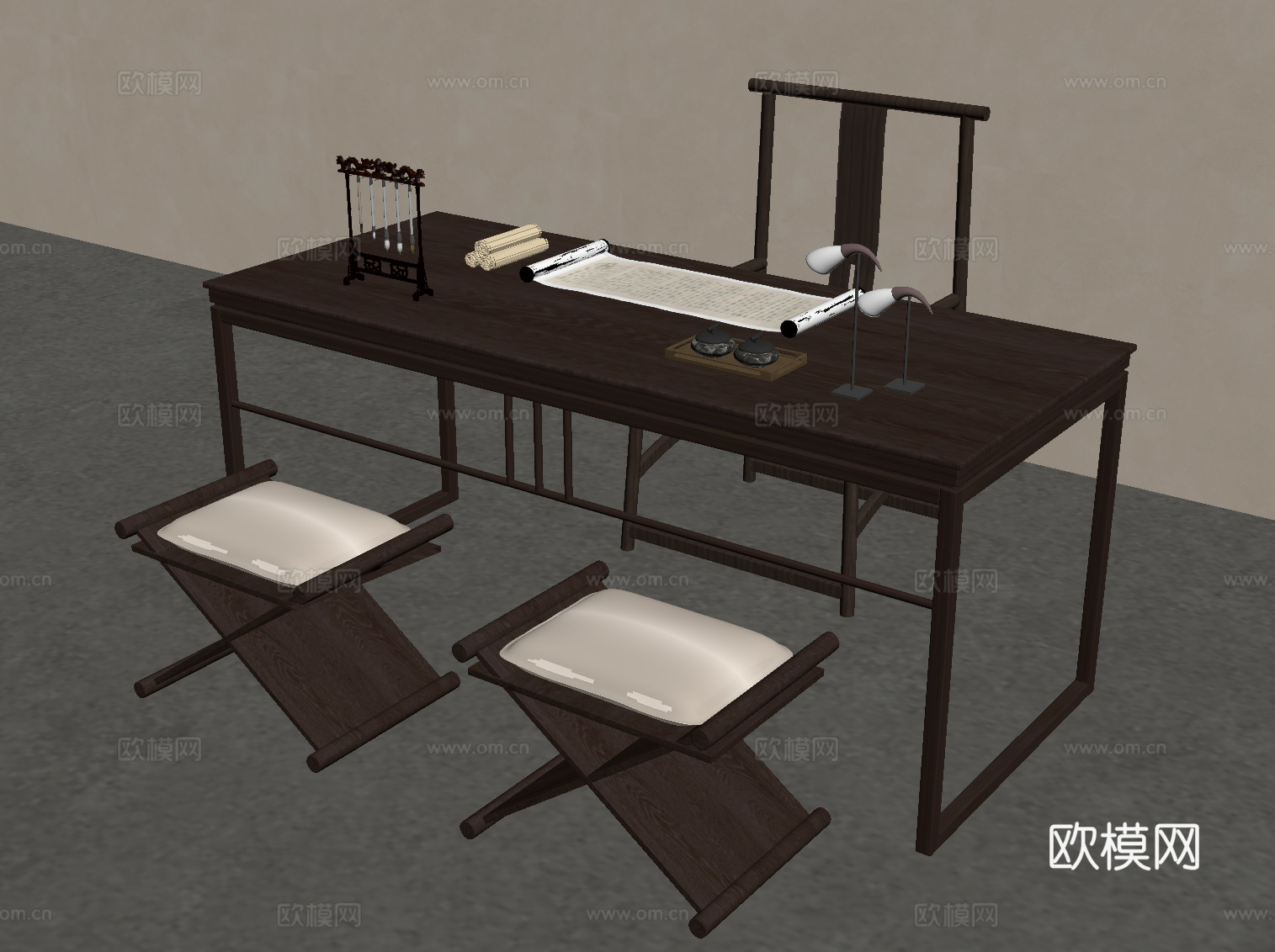 新中式书桌椅su模型