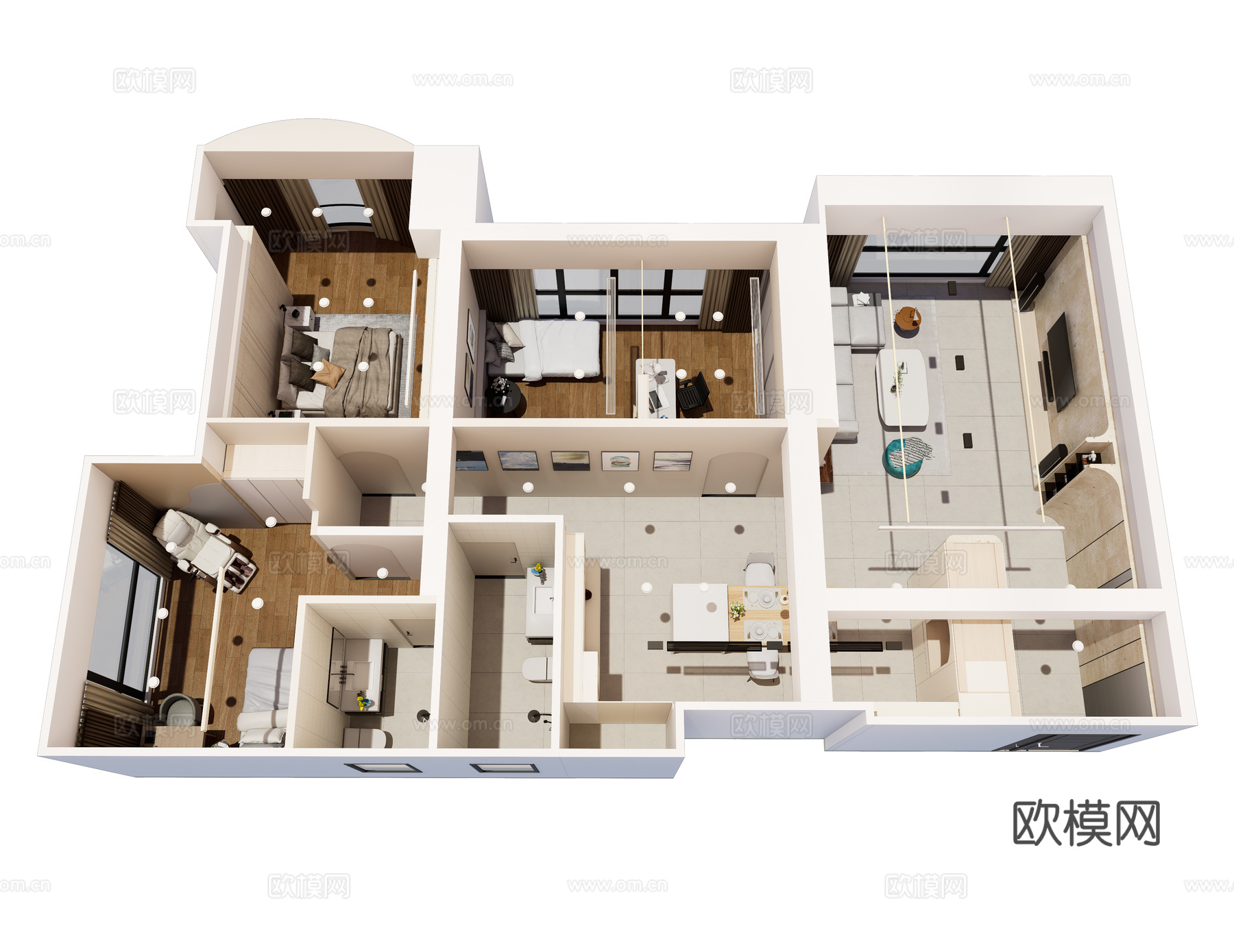 现代简约家装鸟瞰 简约室内家装空间 鸟瞰图 现代家装样板房su模型