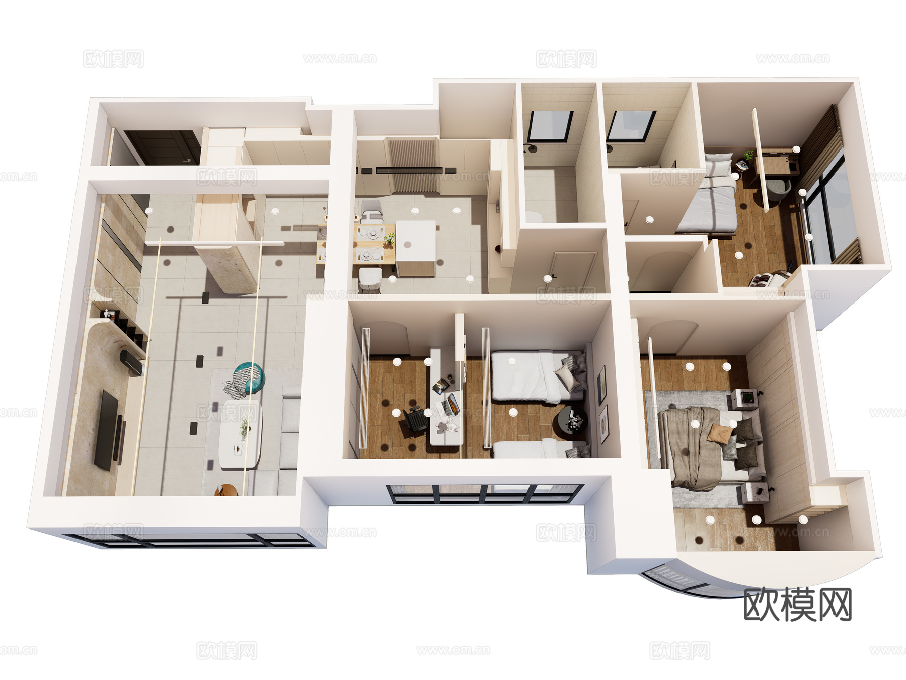 现代简约家装鸟瞰 简约室内家装空间 鸟瞰图 现代家装样板房su模型