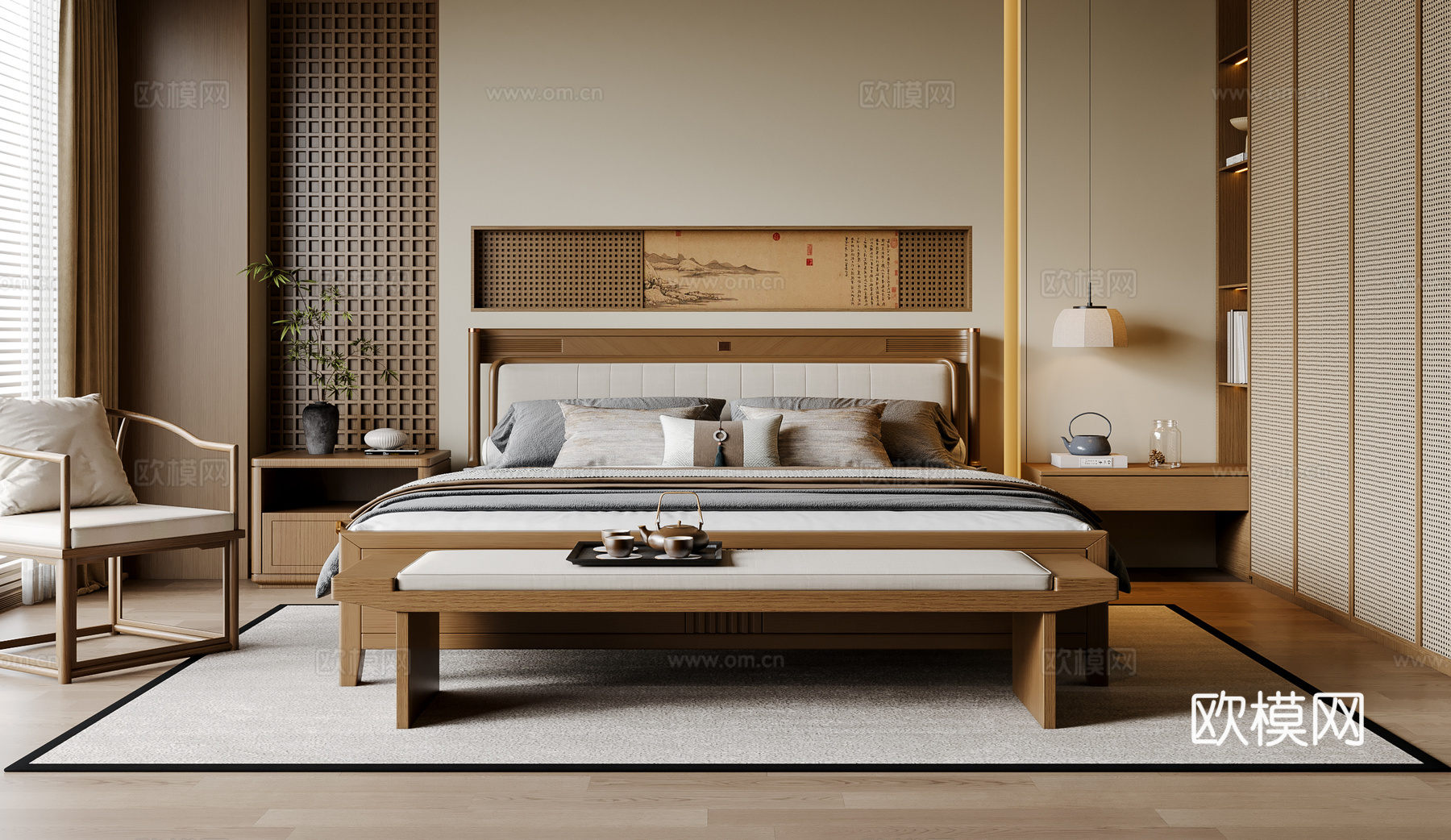 新中式宋式风卧室 实木双人床 床头柜 吊灯 休闲椅 地毯3d模型下载（渲染图2）