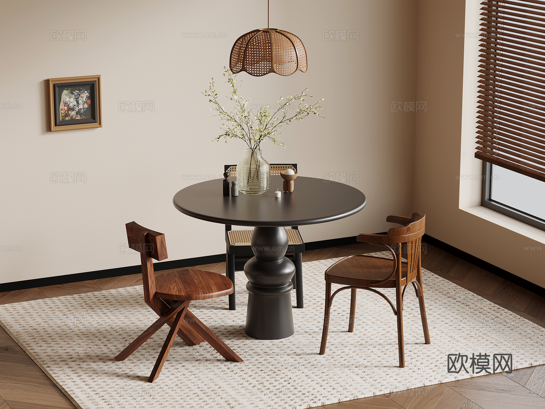 法式复古风休闲桌椅 餐桌椅su模型