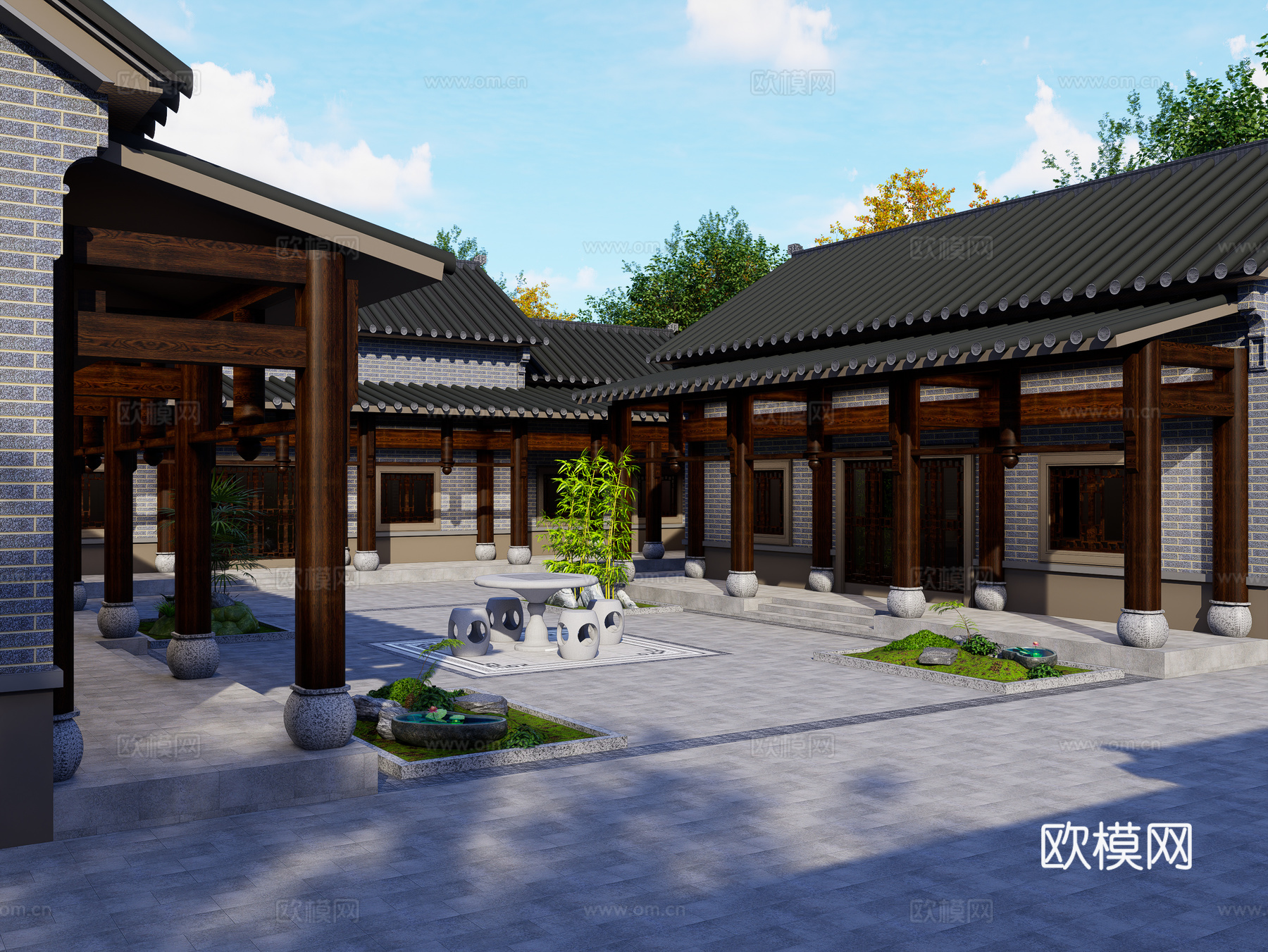 中式四合院 中式一层四合院 四合院庭院景观 四合院外观3d模型下载（渲染图2）