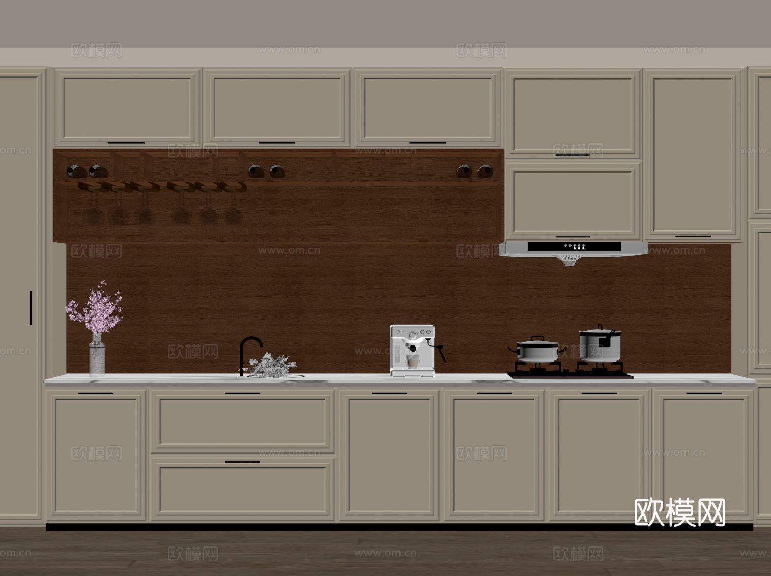 中古风餐边柜 厨房柜su模型下载（渲染图2）