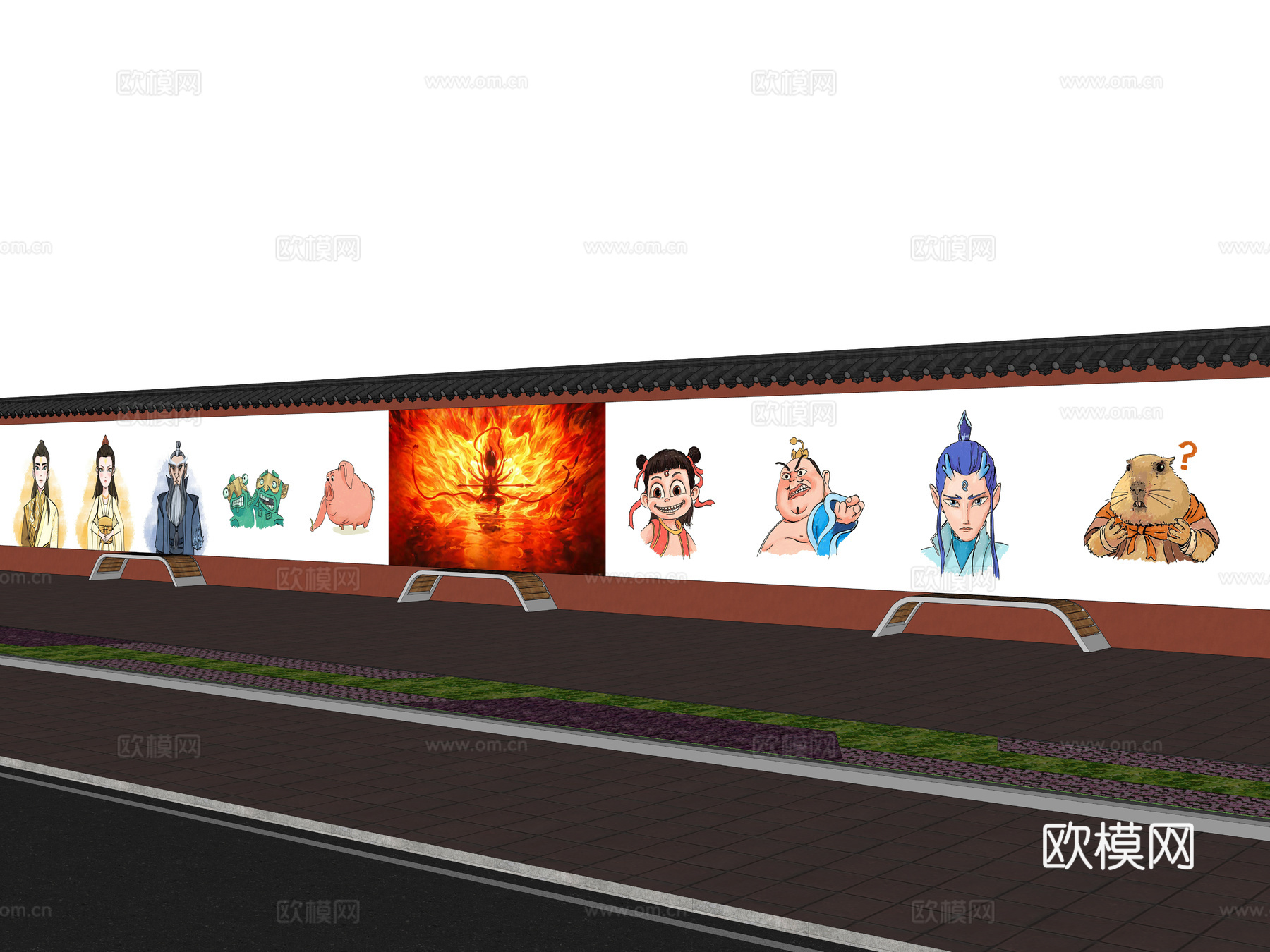 现代街道墙体彩绘 哪吒魔童闹海墙绘 网红打卡墙 墙绘墙画3d模型下载（渲染图4）