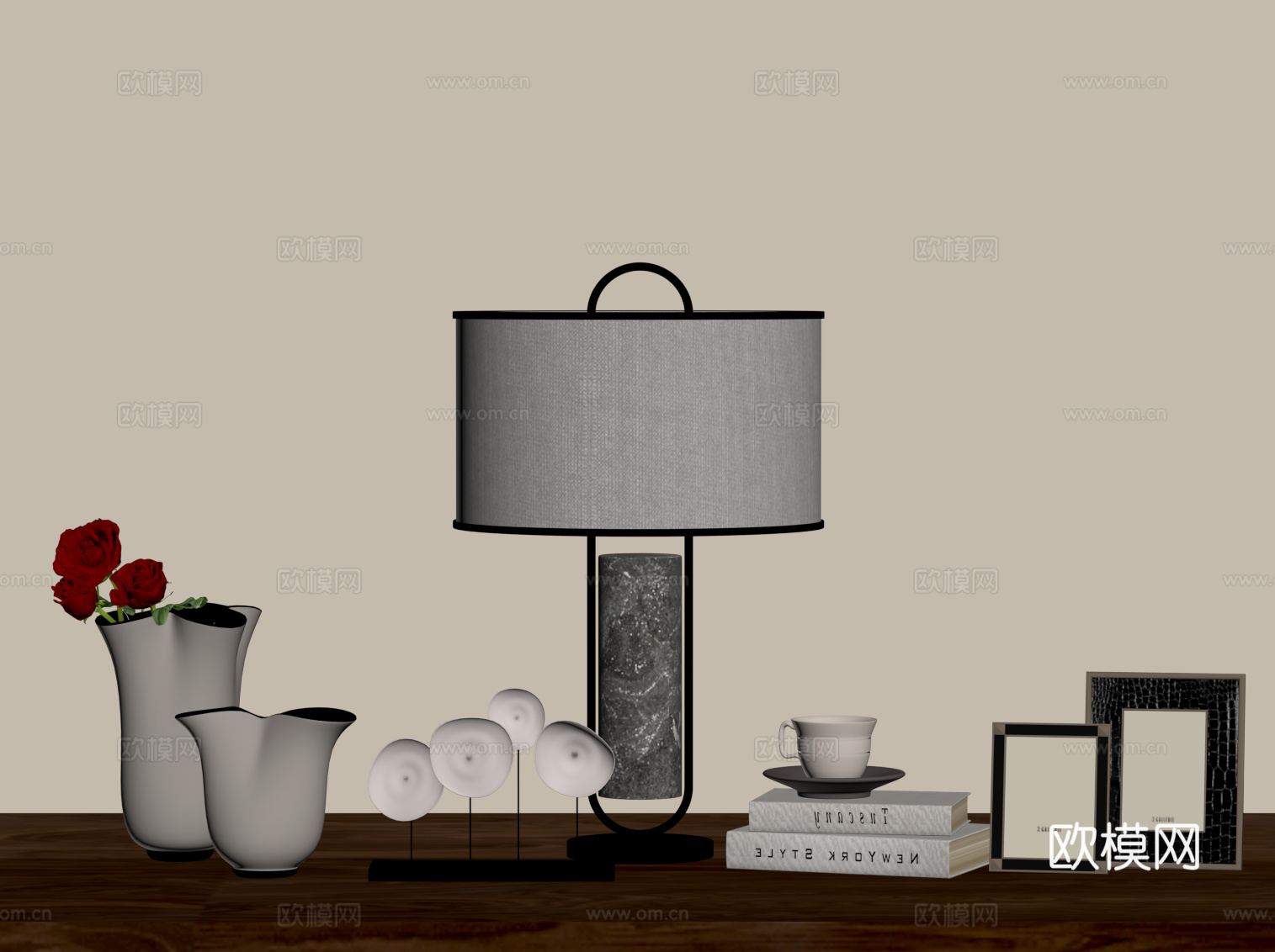 新中式摆件组合 台灯 花瓶 相框su模型