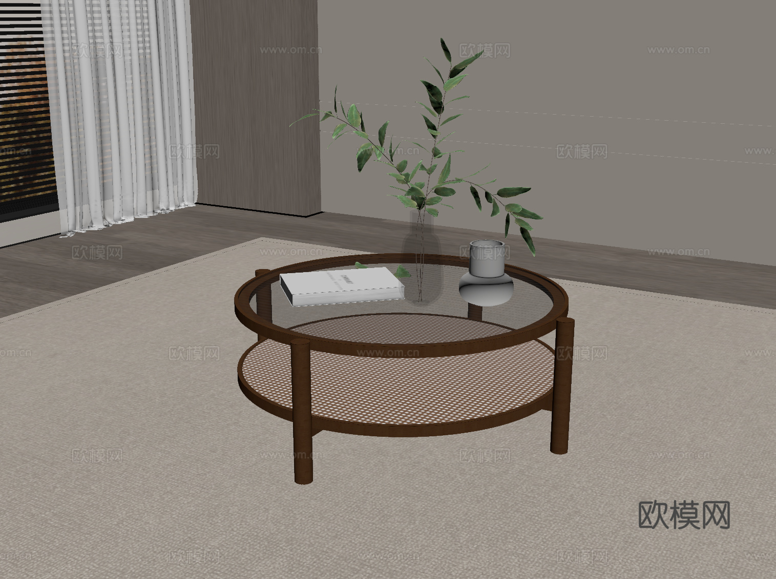 中古风茶几 实木茶几 圆形茶几su模型