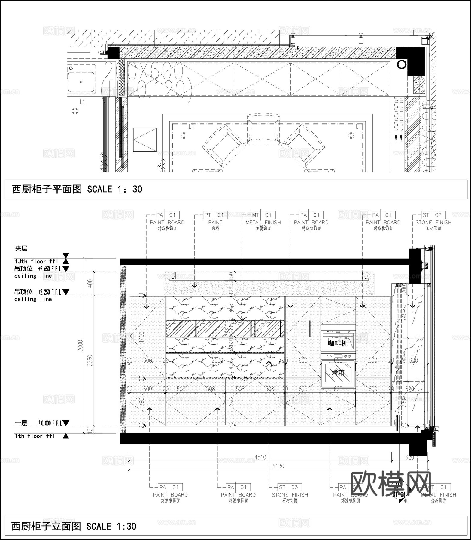 西厨柜子 现代厨柜 烤漆面板厨柜 柜子节点图cad施工图