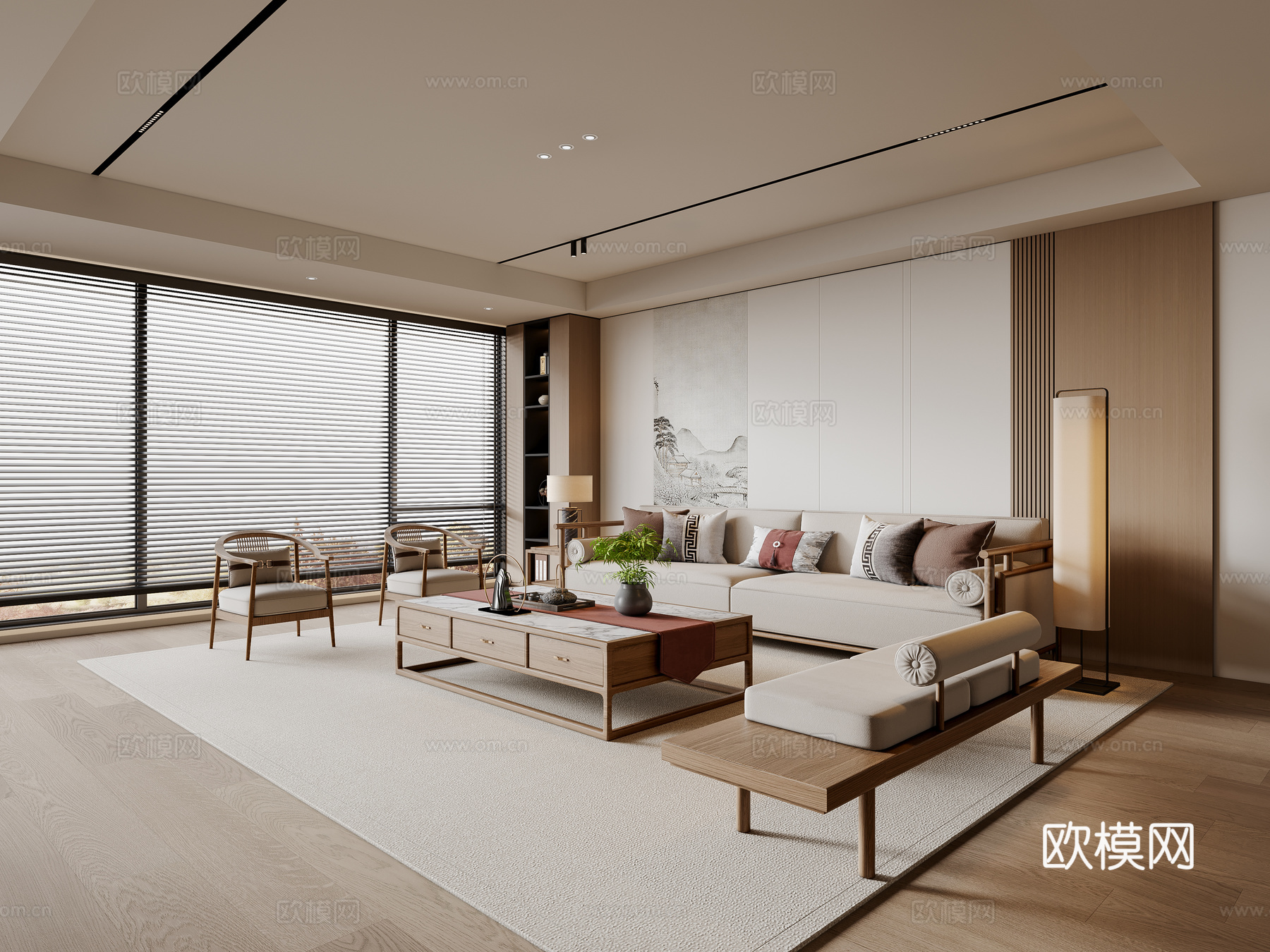 新中式宋式风客厅 沙发茶几 三人沙发 休闲椅 落地灯 地毯su模型