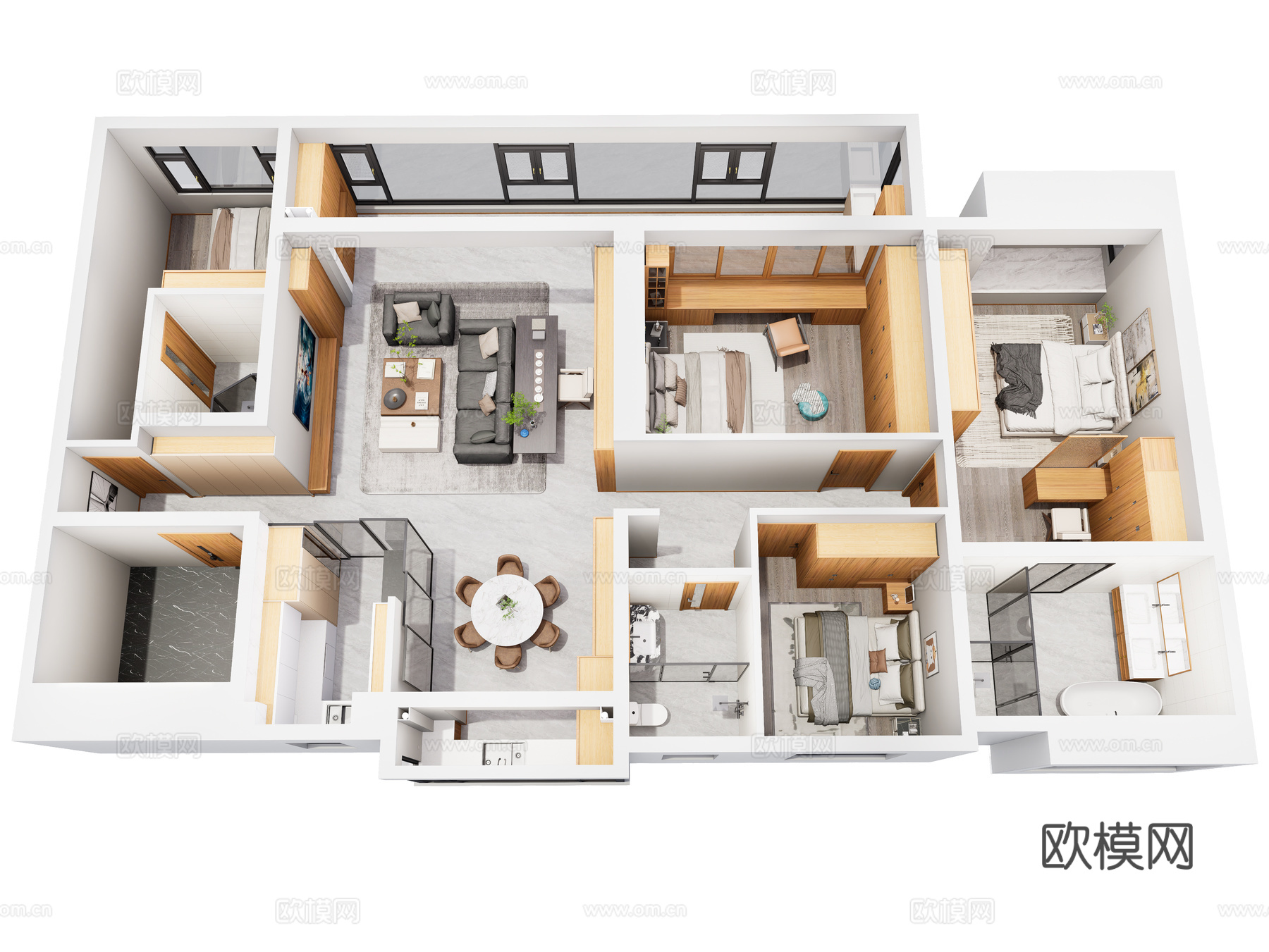 现代家装鸟瞰 大平层原木风格 鸟瞰图 现代家装样板房su模型