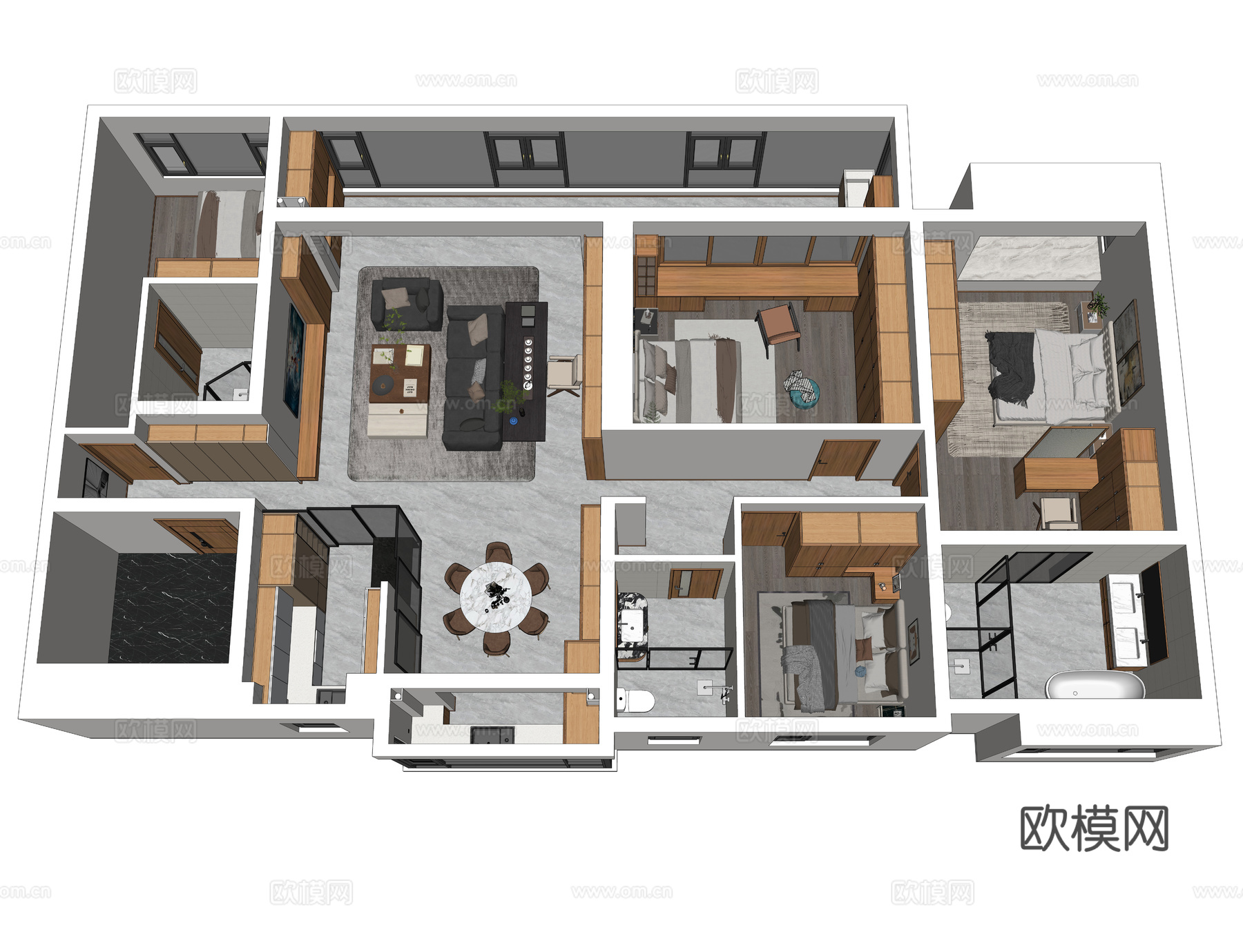 现代家装鸟瞰 大平层原木风格 鸟瞰图 现代家装样板房su模型