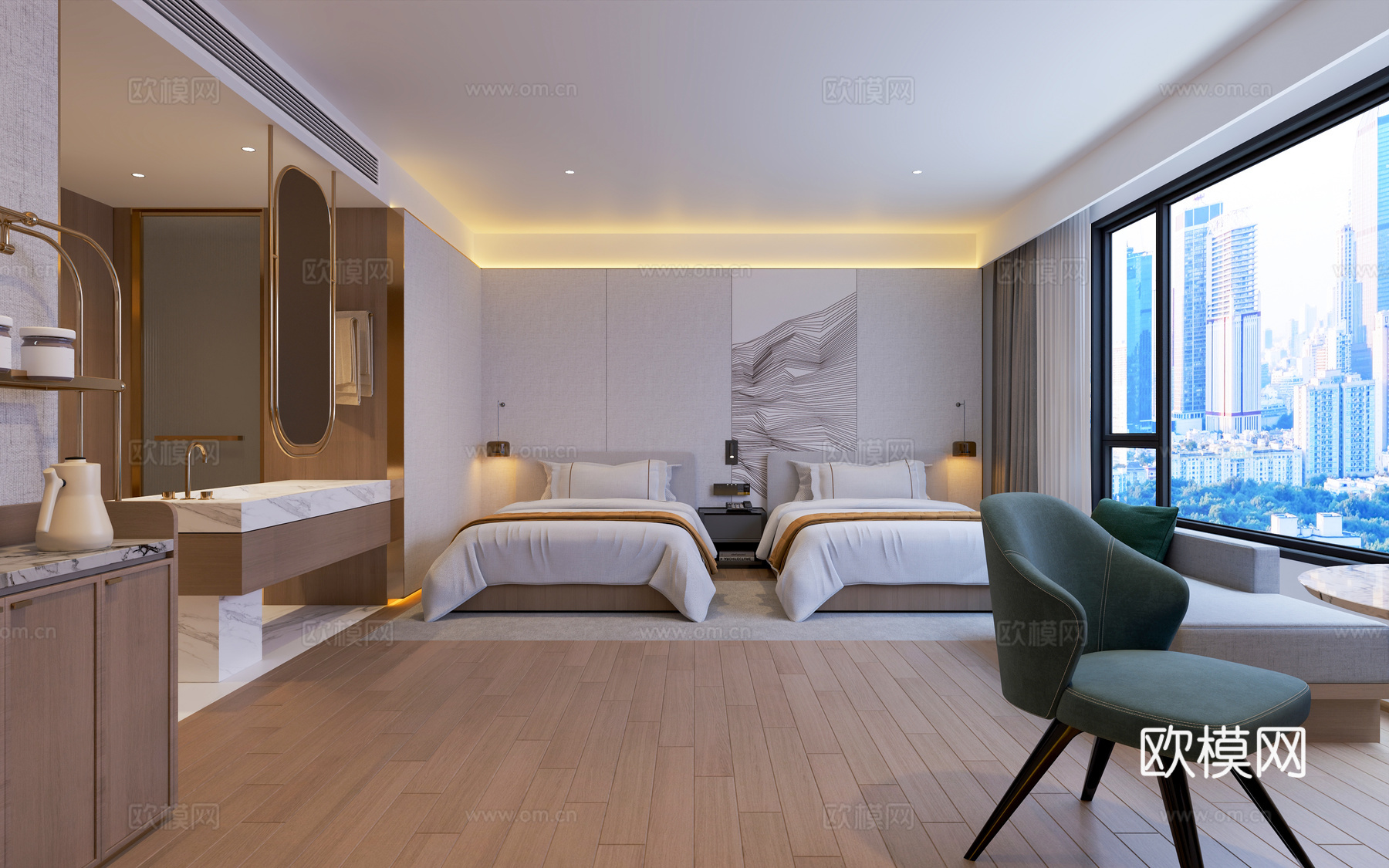 酒店标准间3d模型下载（渲染图1）