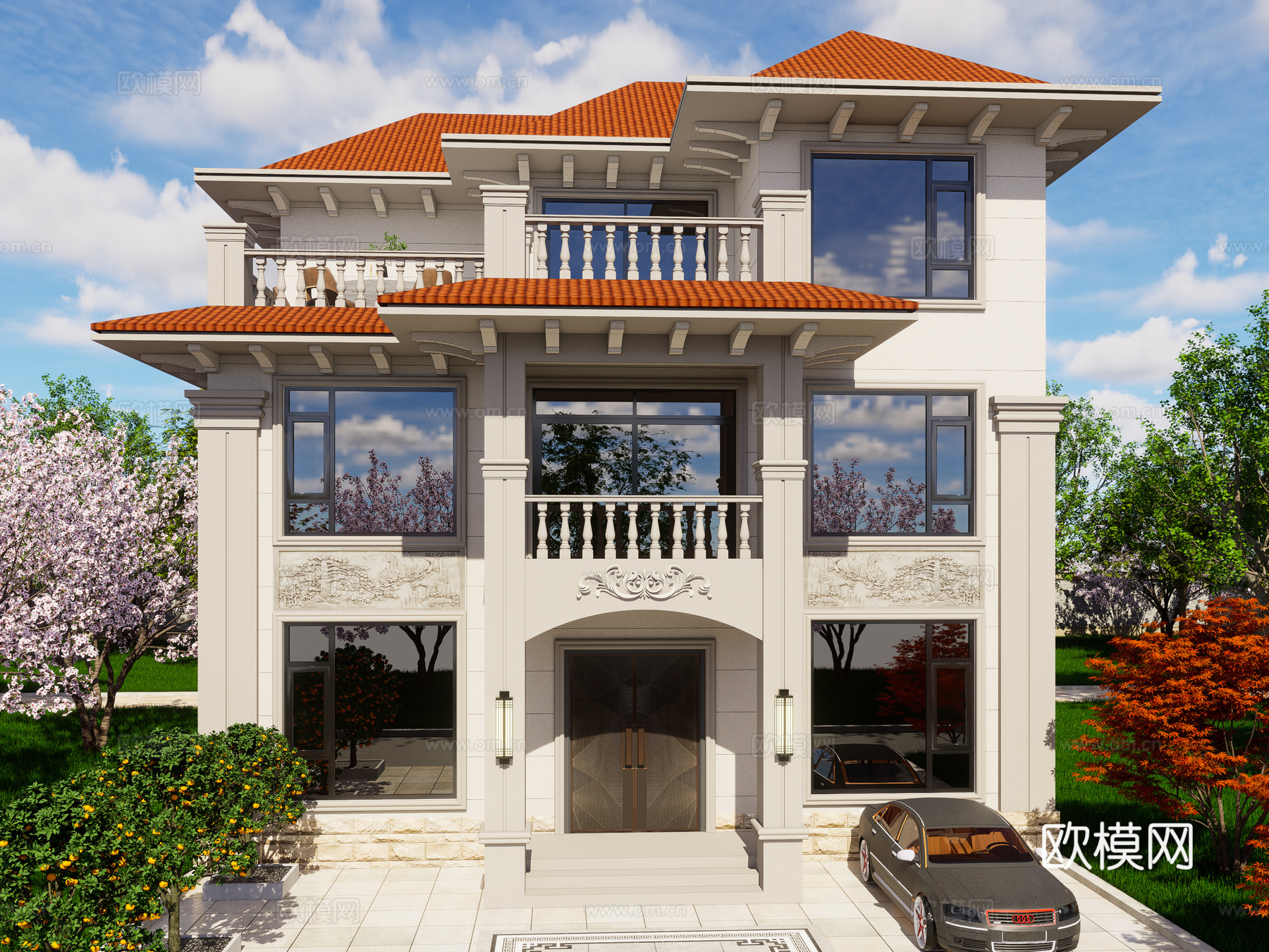 现代独栋别墅 乡村自建房别墅 农村别墅 三层独栋别墅 斜顶su模型