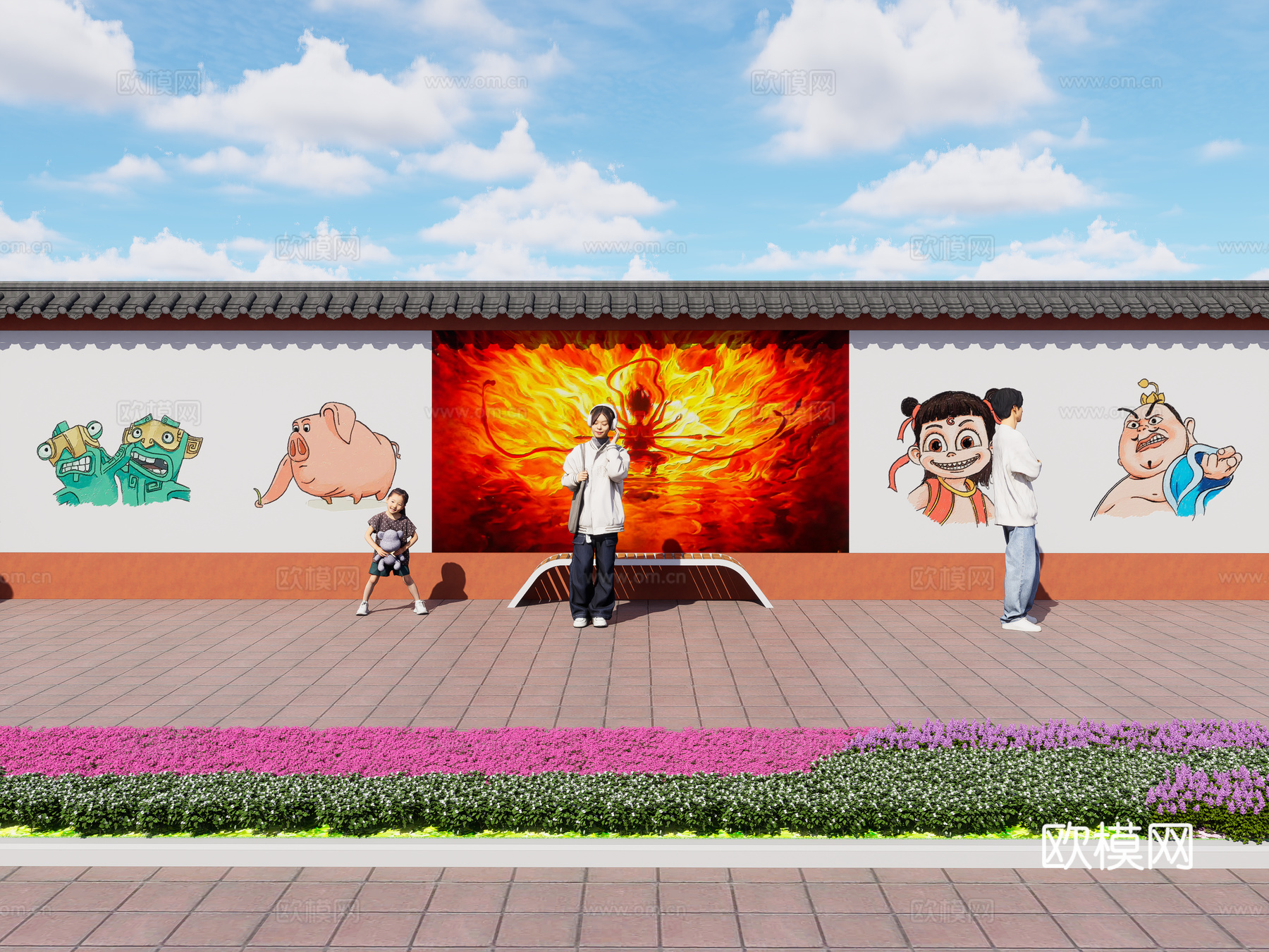 现代街道墙体彩绘 哪吒魔童闹海墙绘 网红打卡墙 墙绘墙画su模型