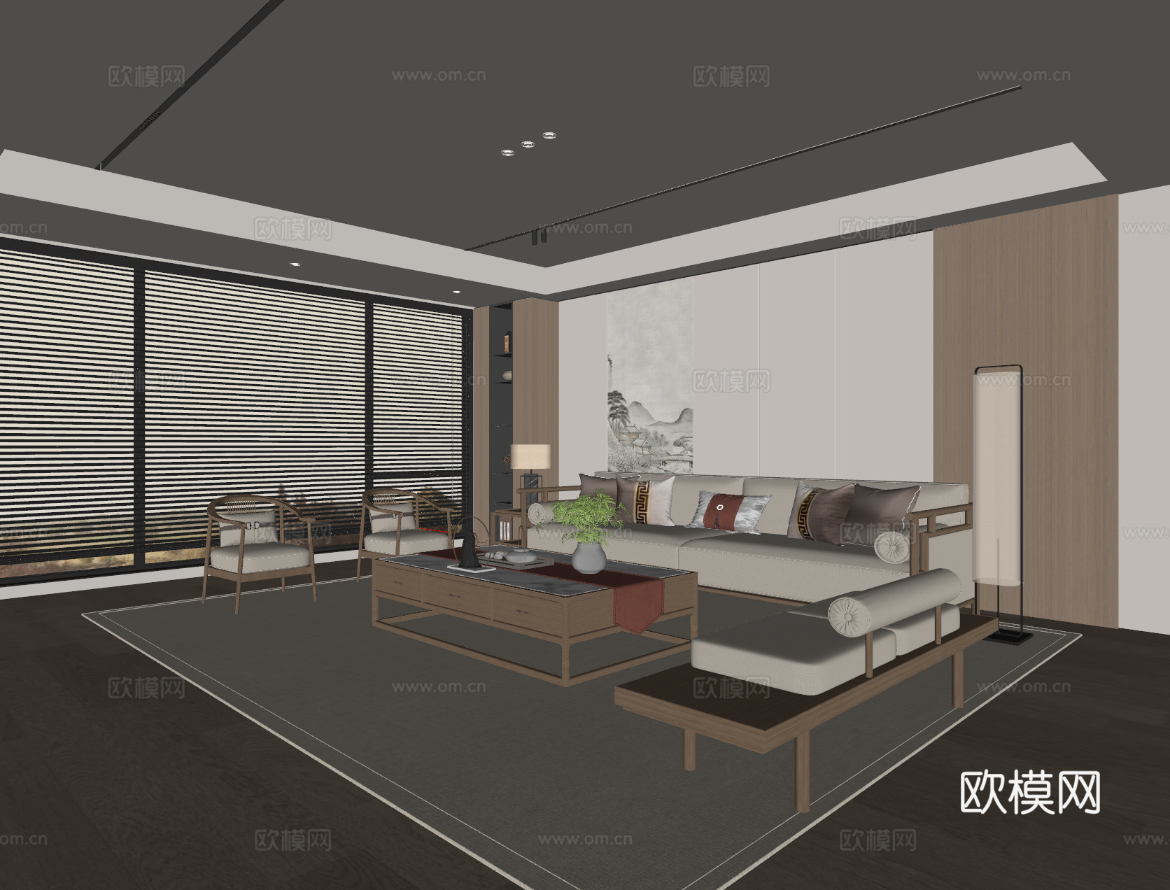 新中式宋式风客厅 沙发茶几 三人沙发 休闲椅 落地灯 地毯su模型