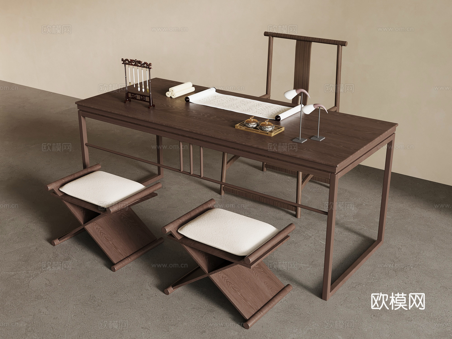 新中式书桌椅su模型