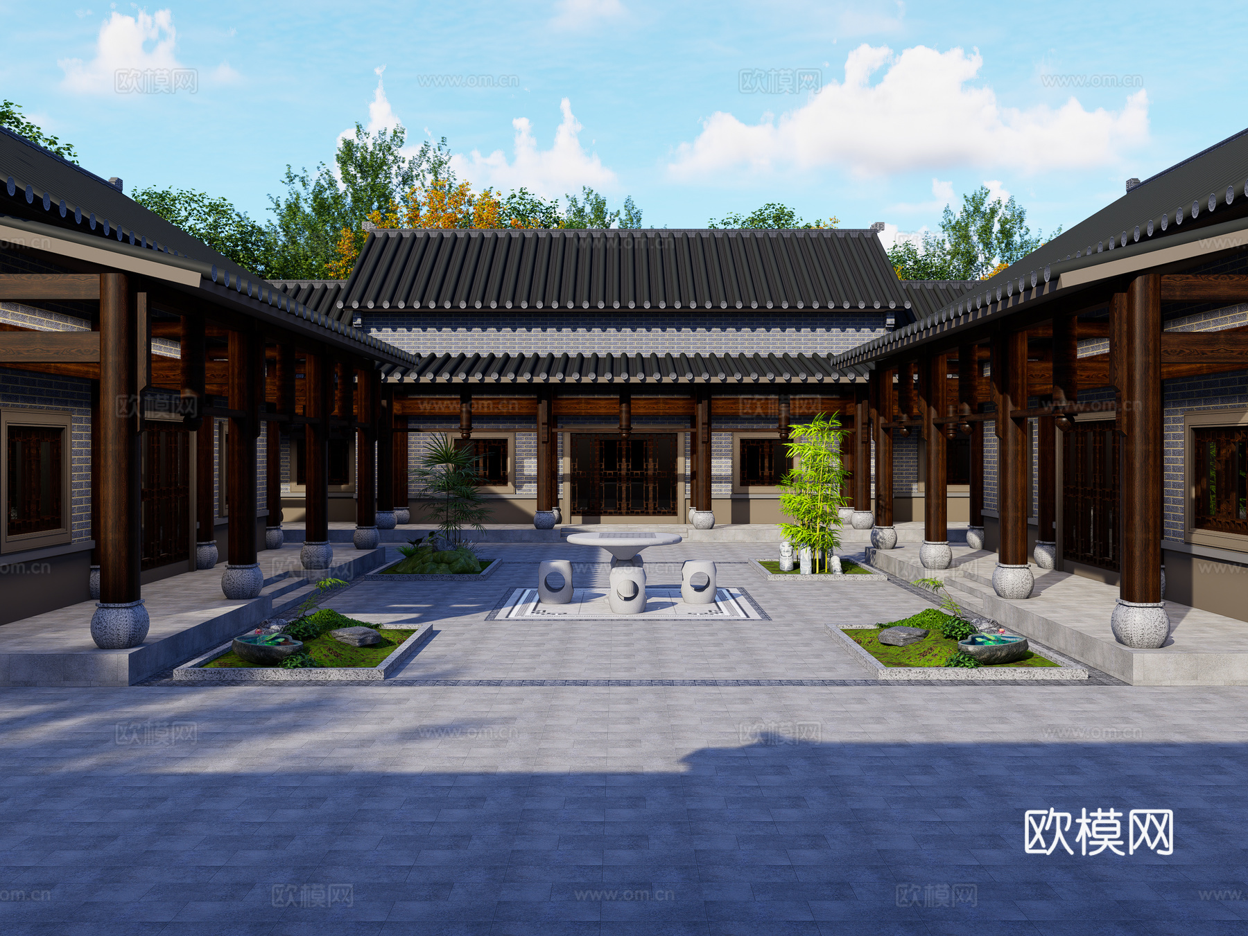 中式四合院 中式一层四合院 四合院庭院景观 四合院外观3d模型下载（渲染图1）