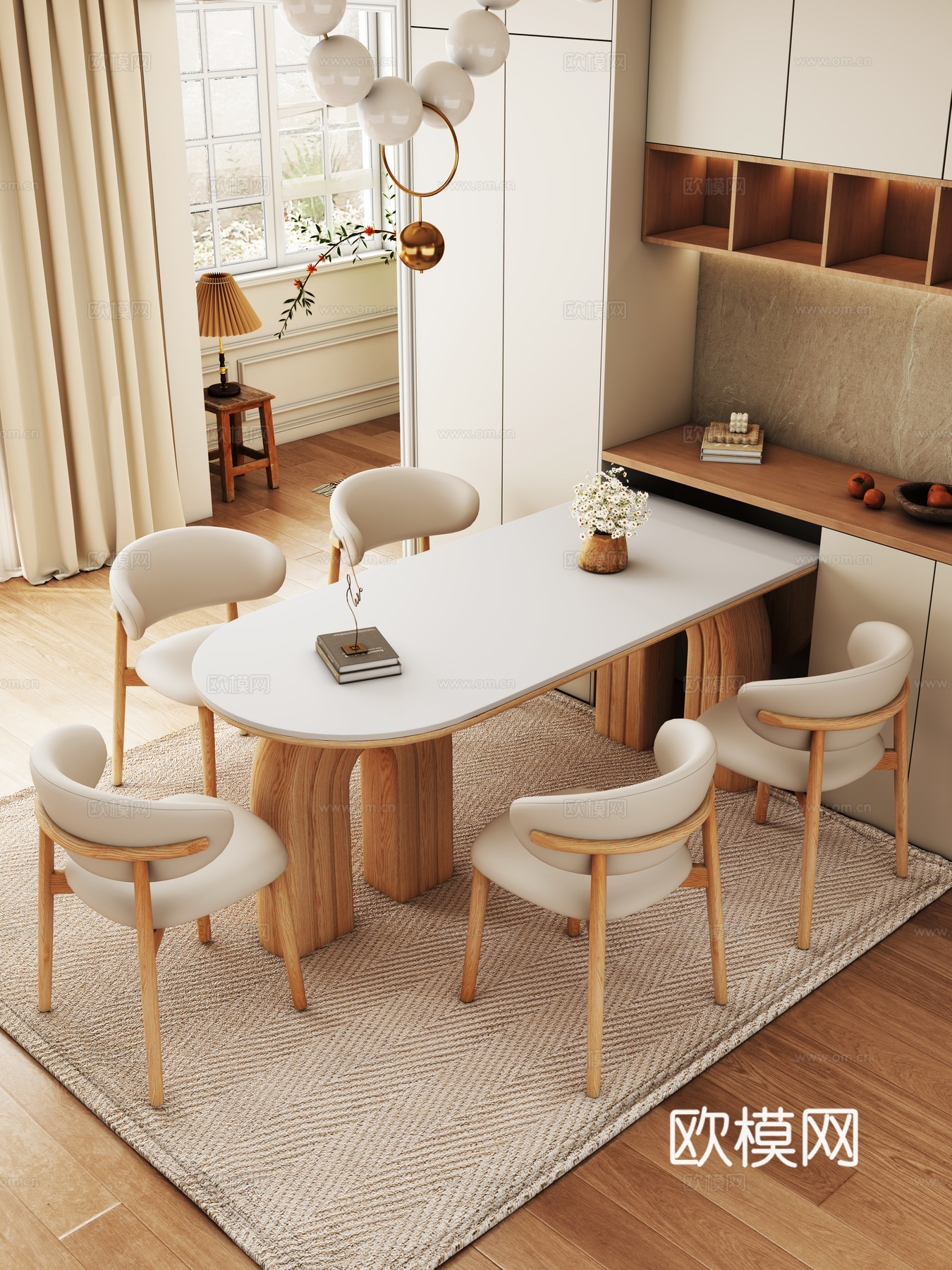 原木风餐厅 简约 餐桌椅组合3d模型下载