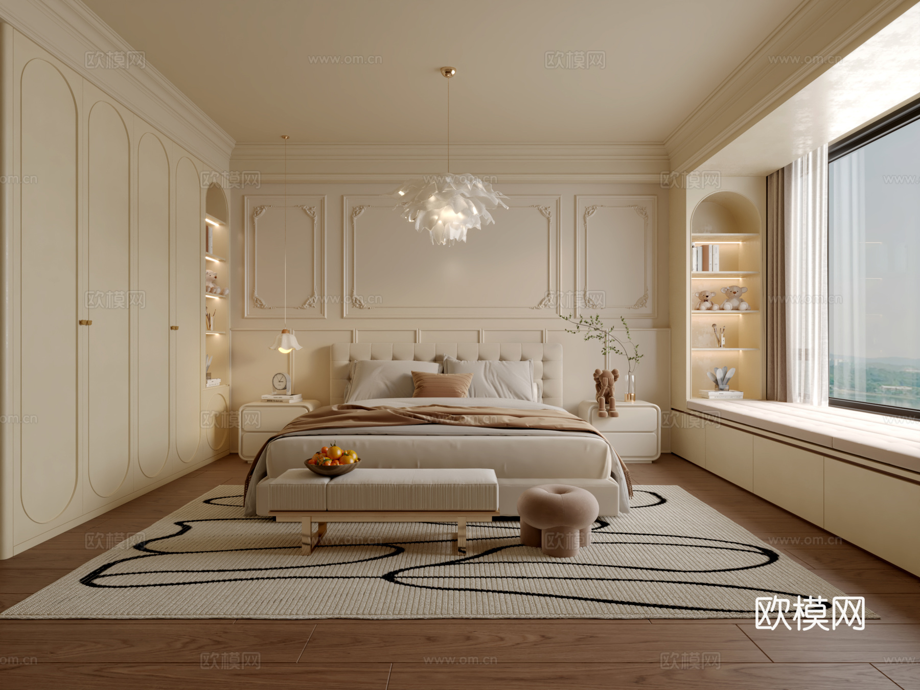 法式奶油风卧室3d模型下载（渲染图1）