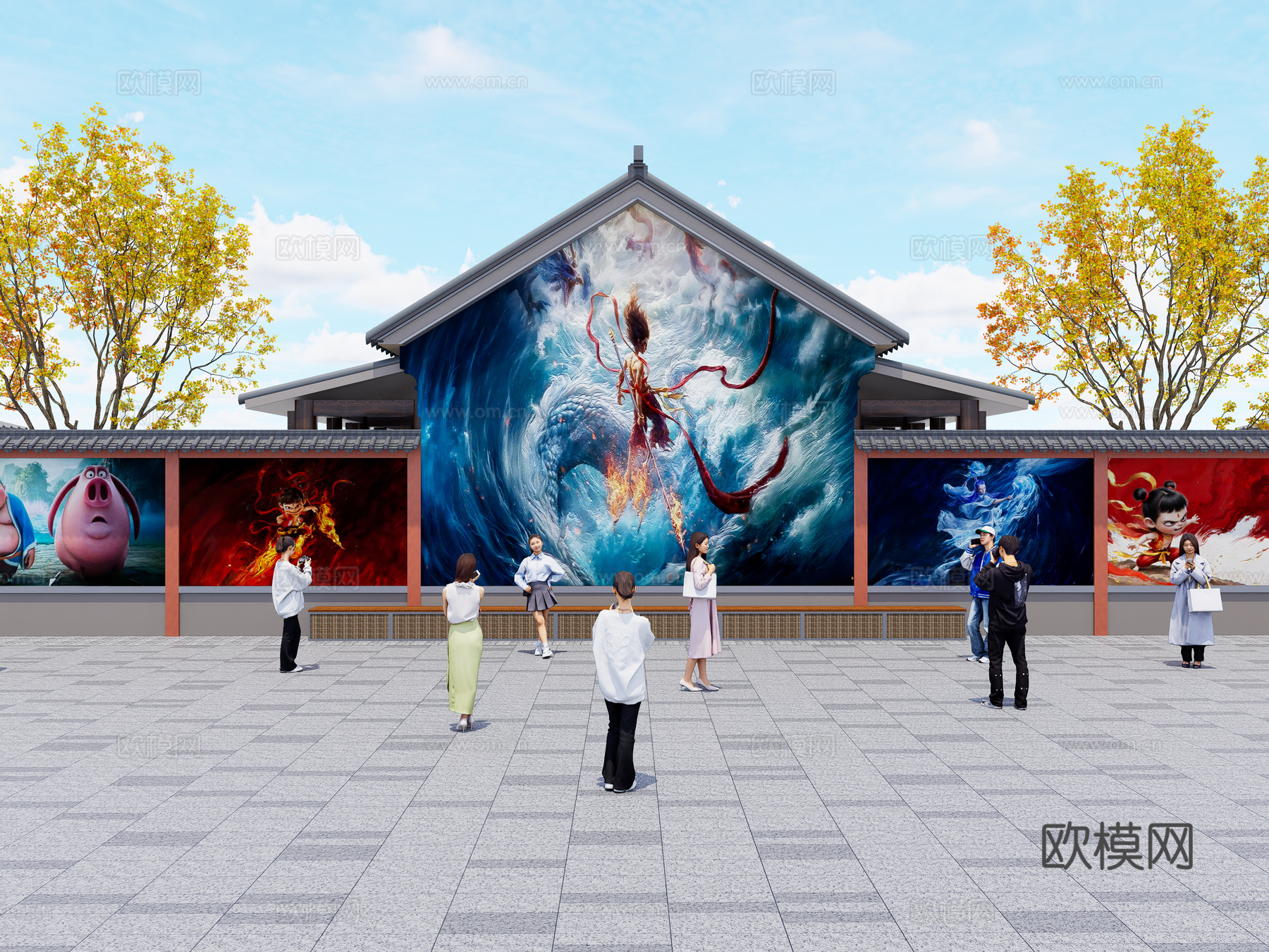 现代街道墙体彩绘 哪吒魔童闹海墙绘 网红打卡墙 墙绘墙画su模型