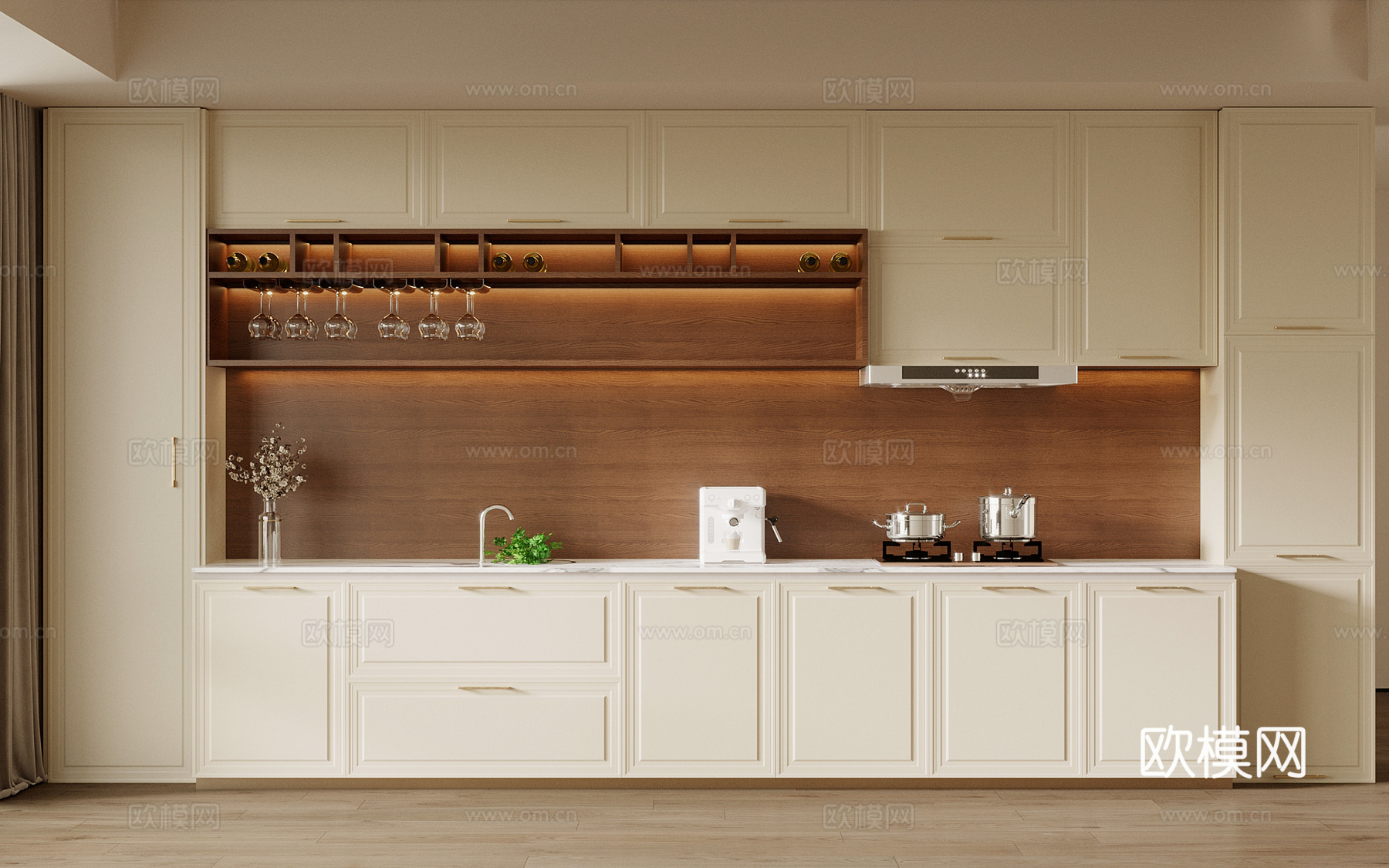 中古风餐边柜 厨房柜su模型下载（渲染图1）