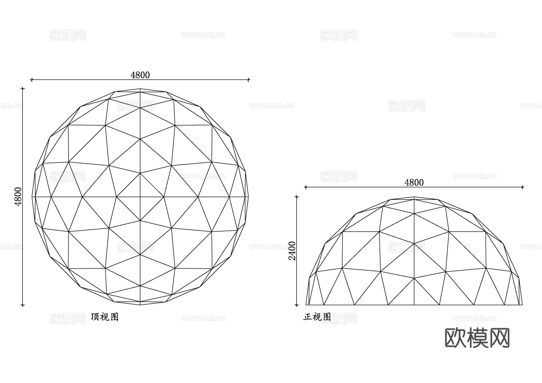 测地线圆顶 网格球顶 球形穹顶 几何穹顶 三角网格穹顶cad施工图