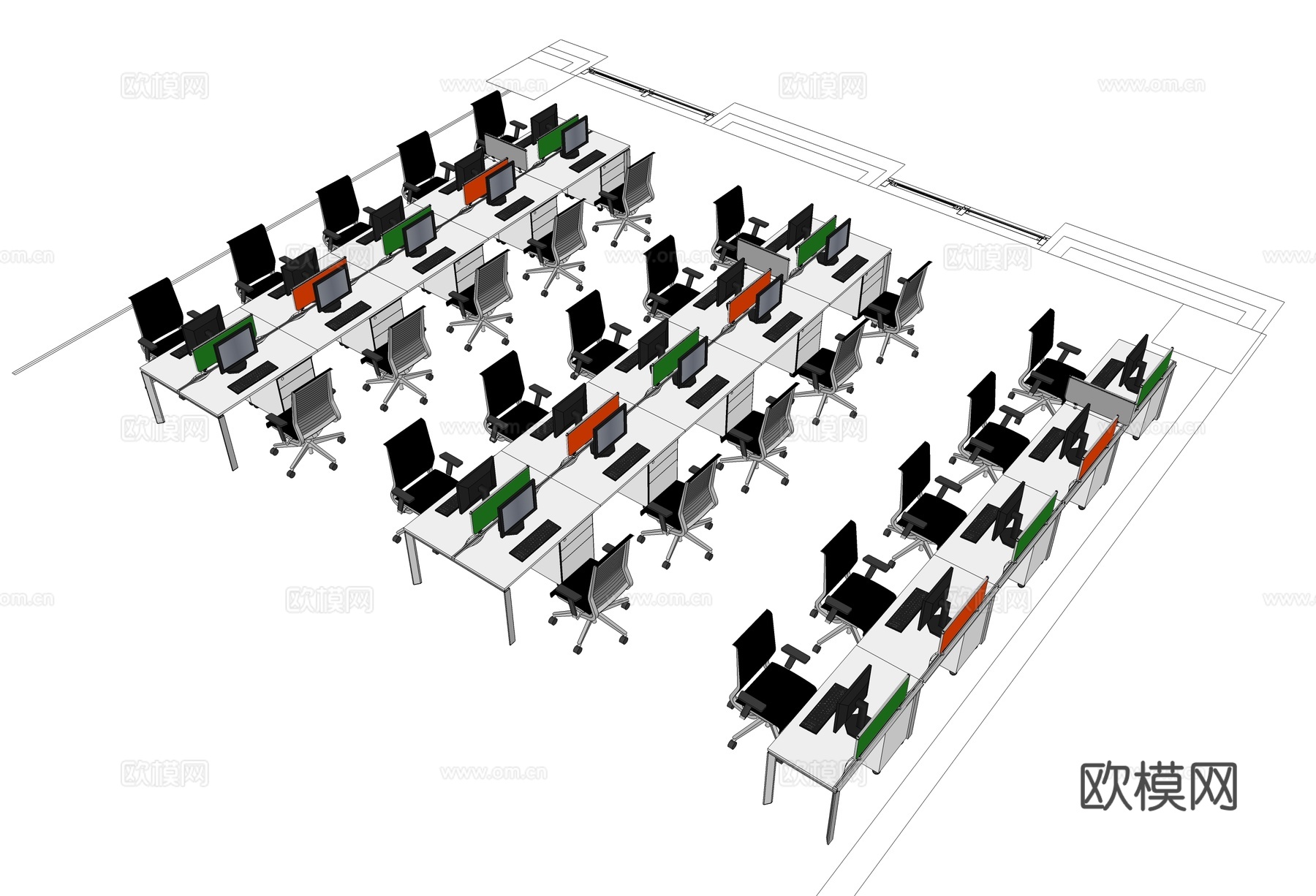 办公工位 文件柜 办公家具 工位 办公室 屏风工位su模型