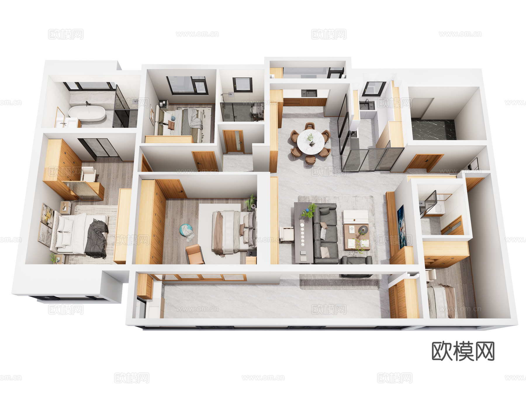 现代家装鸟瞰 大平层原木风格 鸟瞰图 现代家装样板房su模型