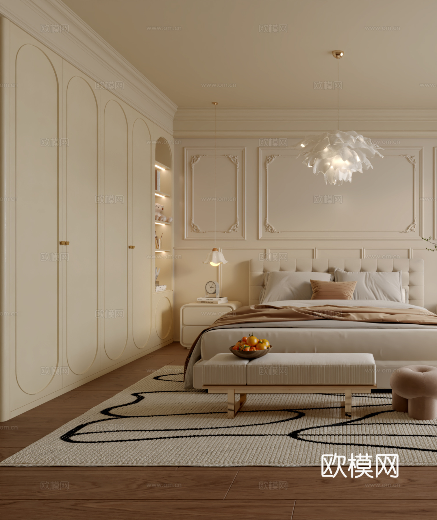 法式奶油风卧室3d模型下载（渲染图2）