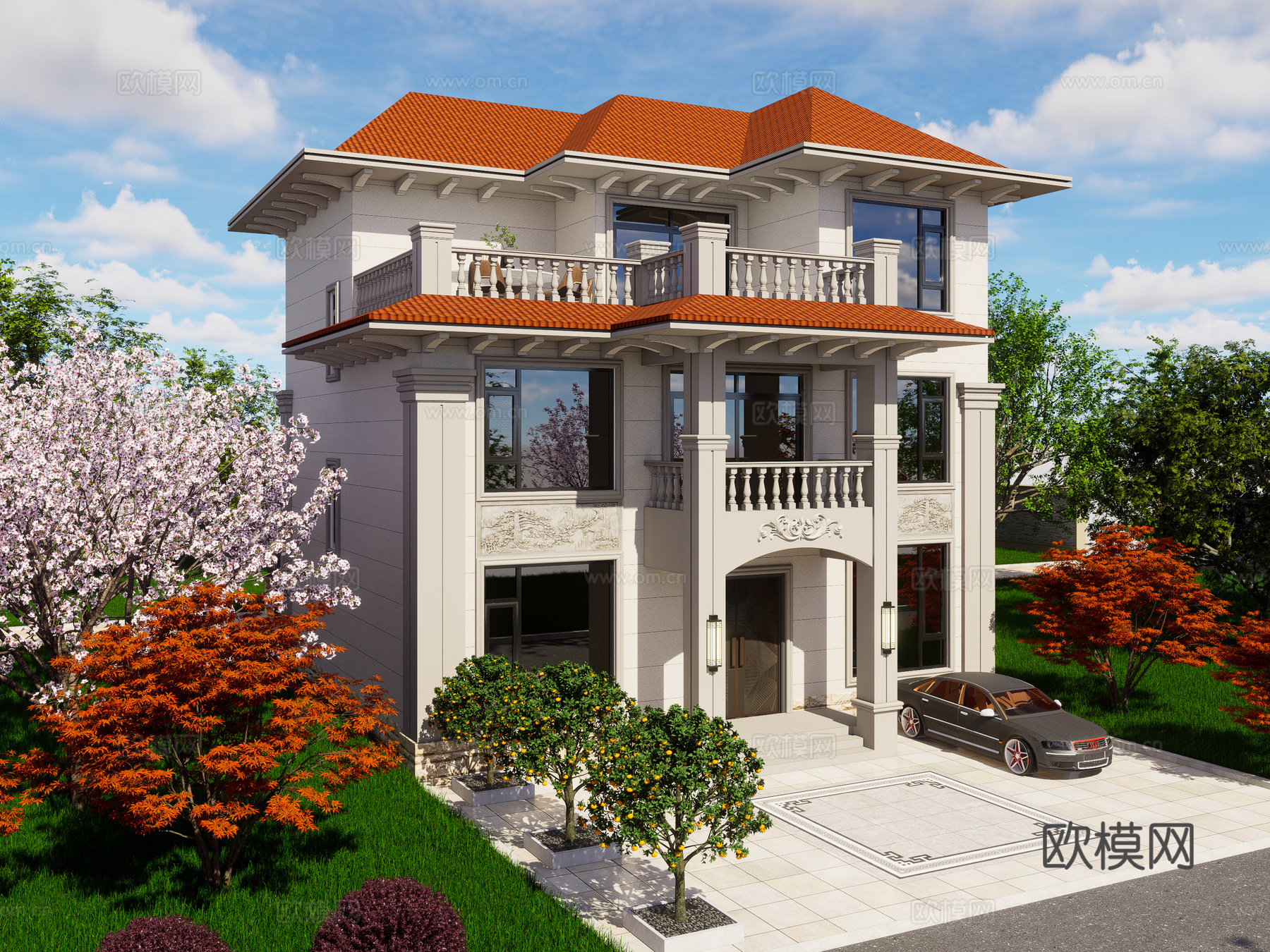 现代独栋别墅 乡村自建房别墅 农村别墅 三层独栋别墅 斜顶su模型