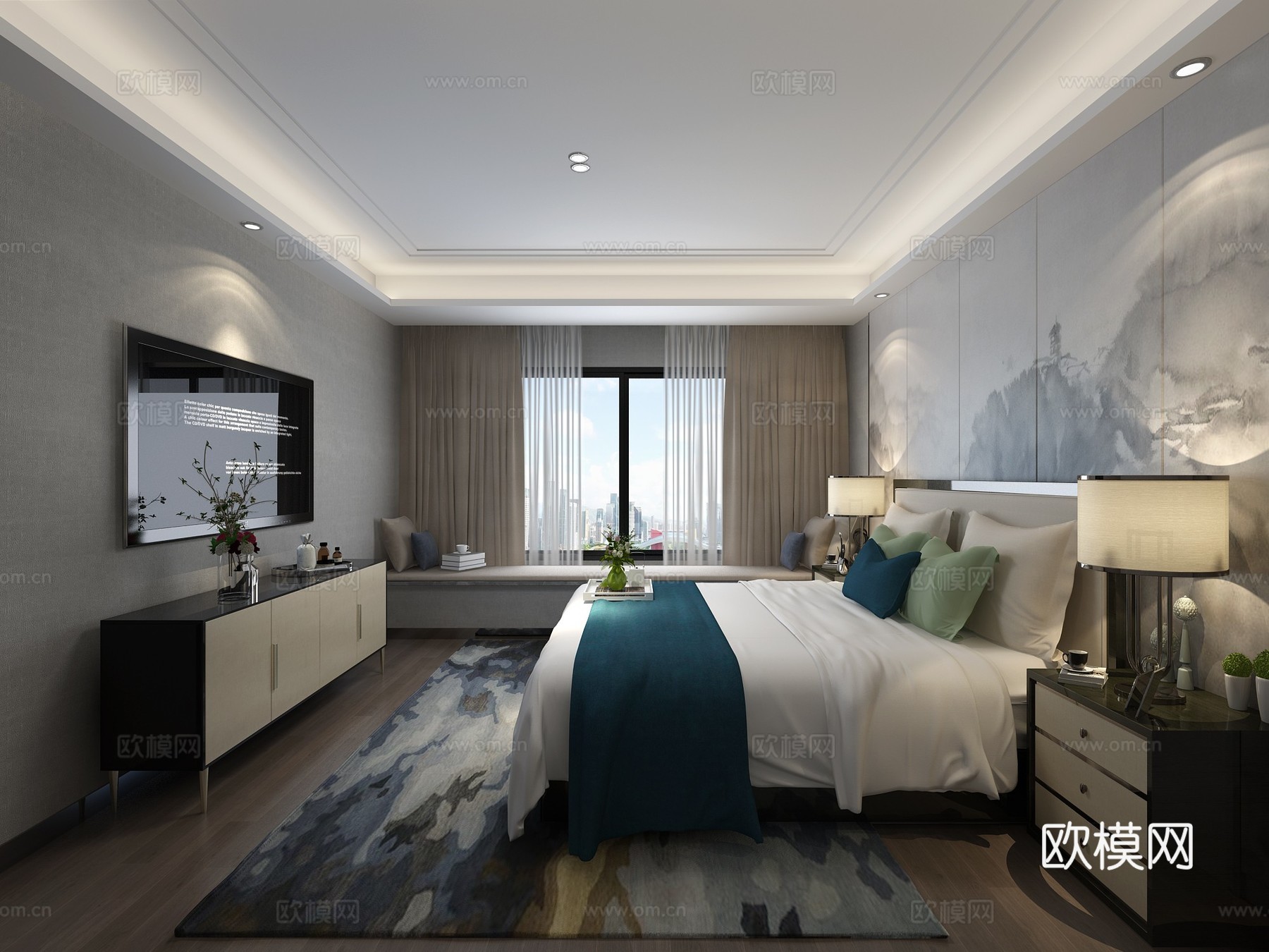 新中式现代新中式混搭卧室 床 电视柜 台灯 床头柜3d模型下载