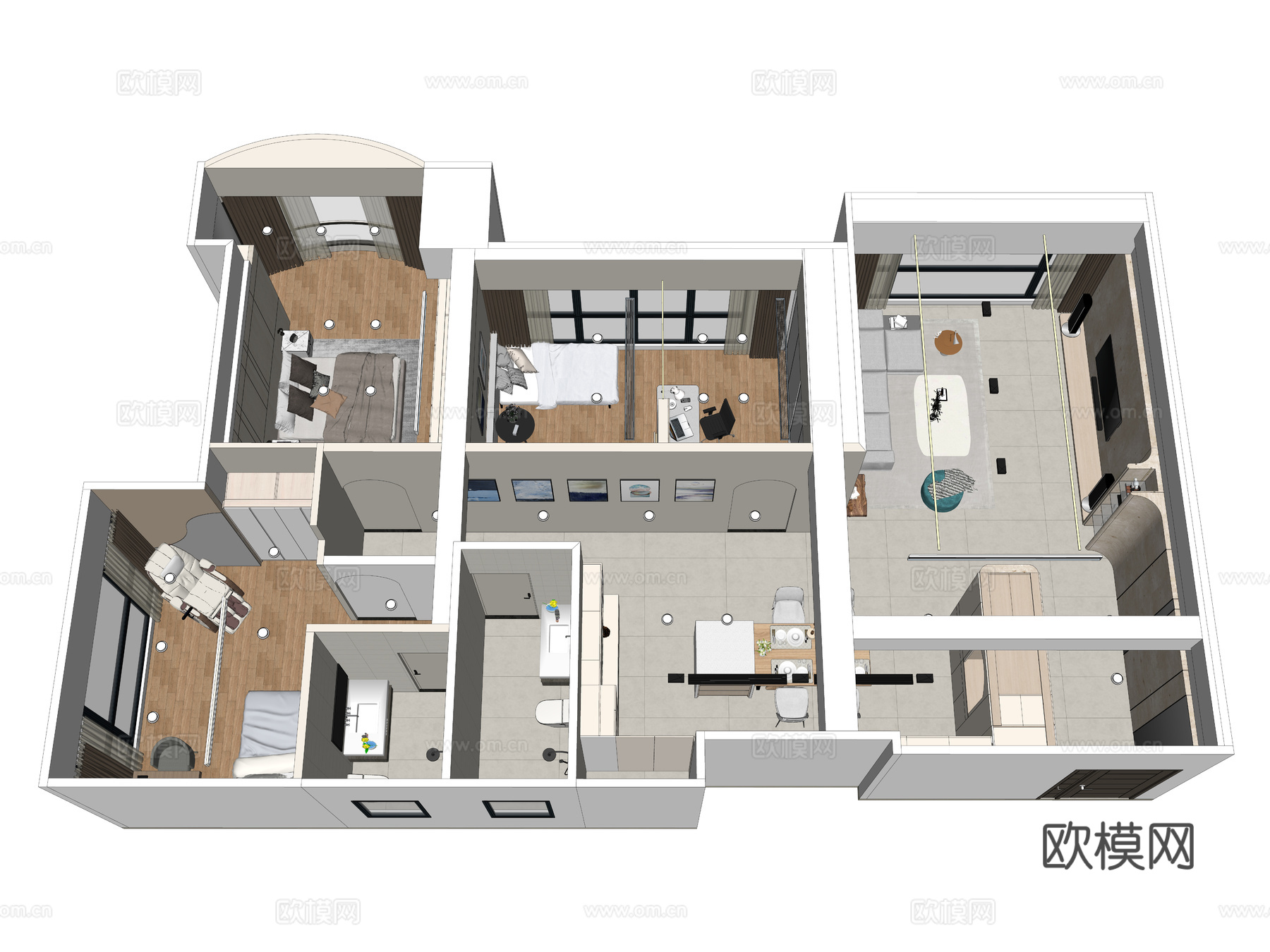 现代简约家装鸟瞰 简约室内家装空间 鸟瞰图 现代家装样板房su模型