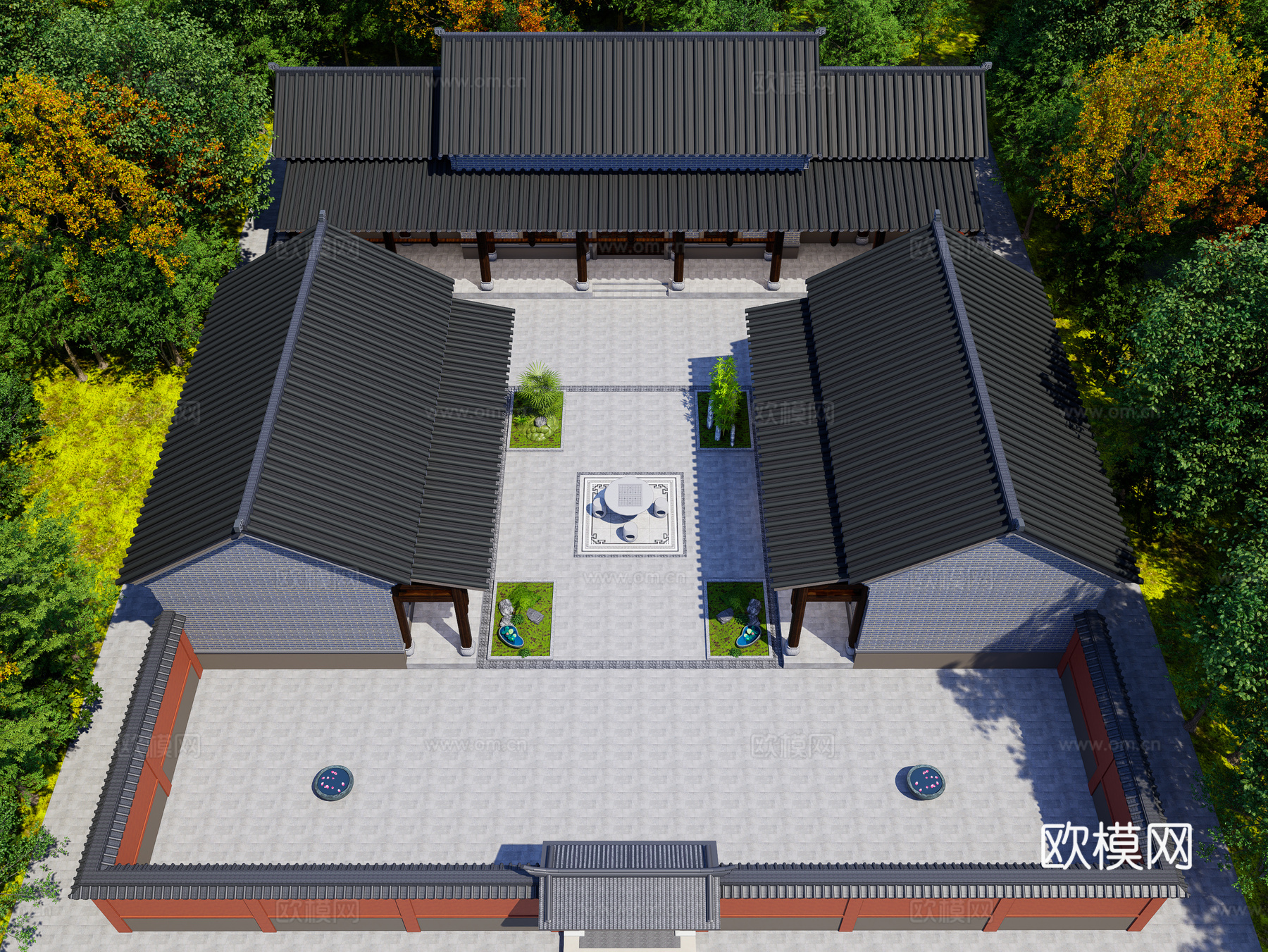 中式四合院 中式一层四合院 四合院庭院景观 四合院外观su模型