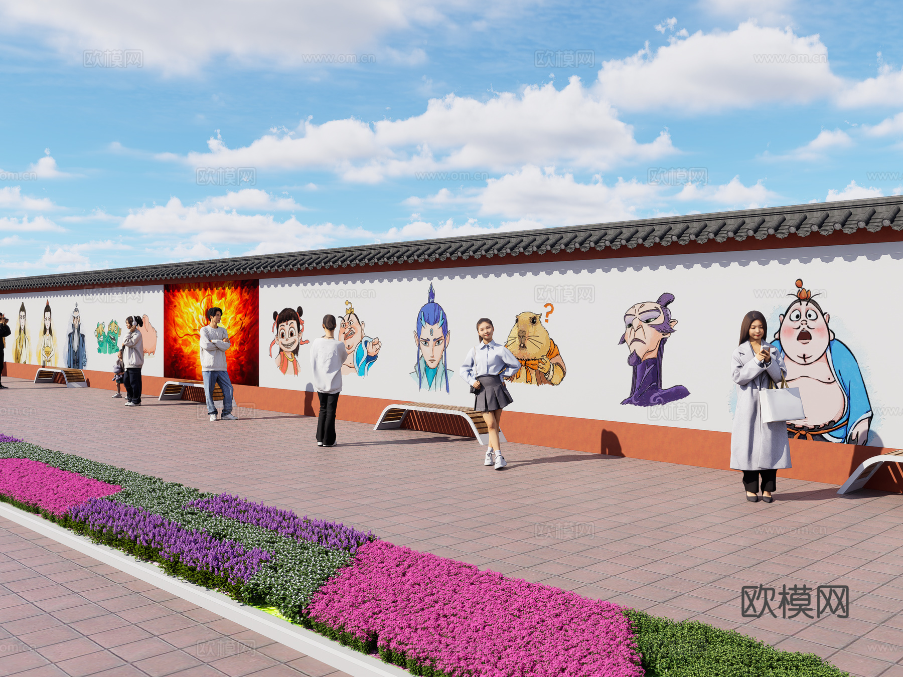 现代街道墙体彩绘 哪吒魔童闹海墙绘 网红打卡墙 墙绘墙画3d模型下载（渲染图2）