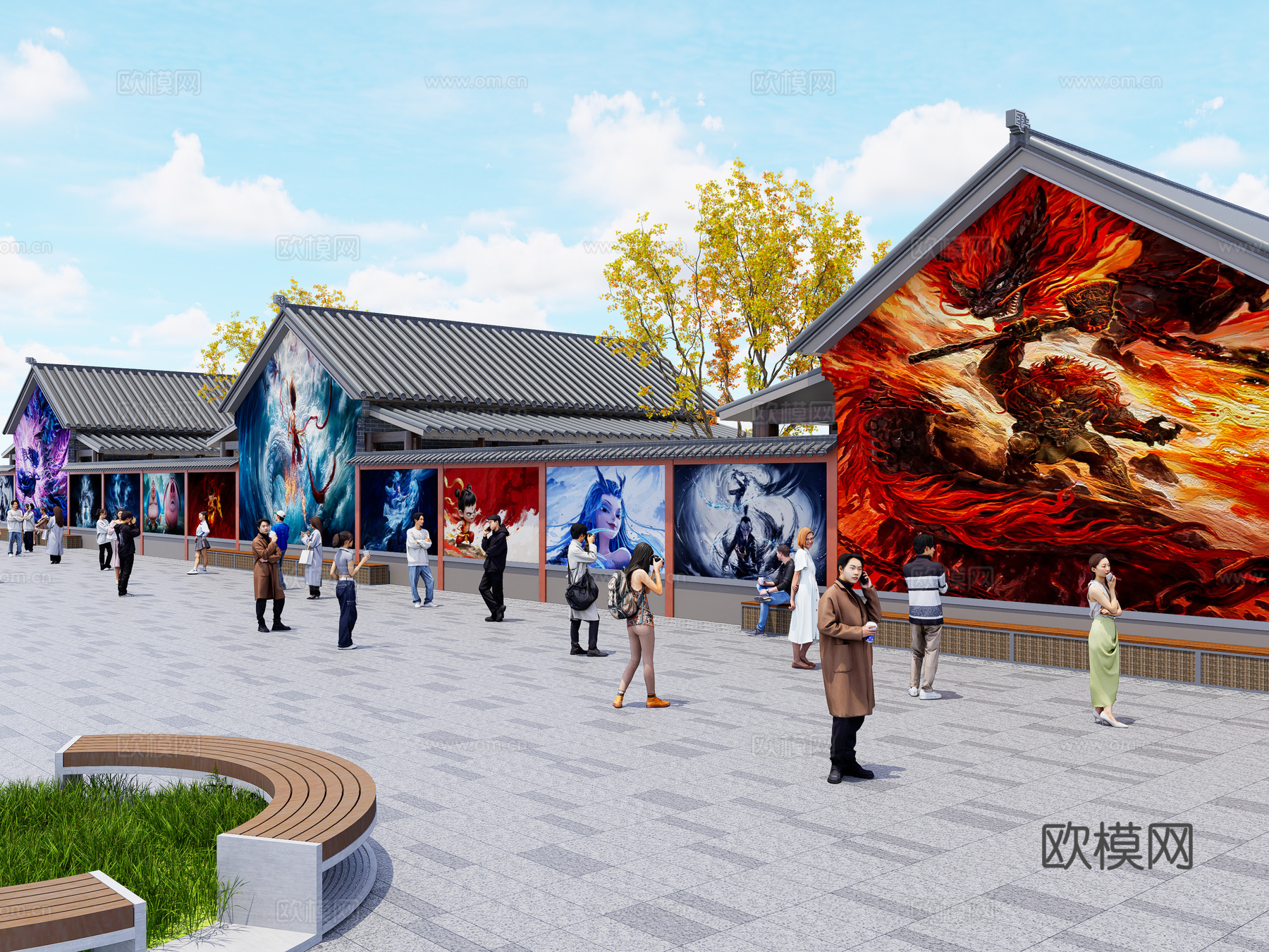 现代街道墙体彩绘 哪吒魔童闹海墙绘 网红打卡墙 墙绘墙画su模型